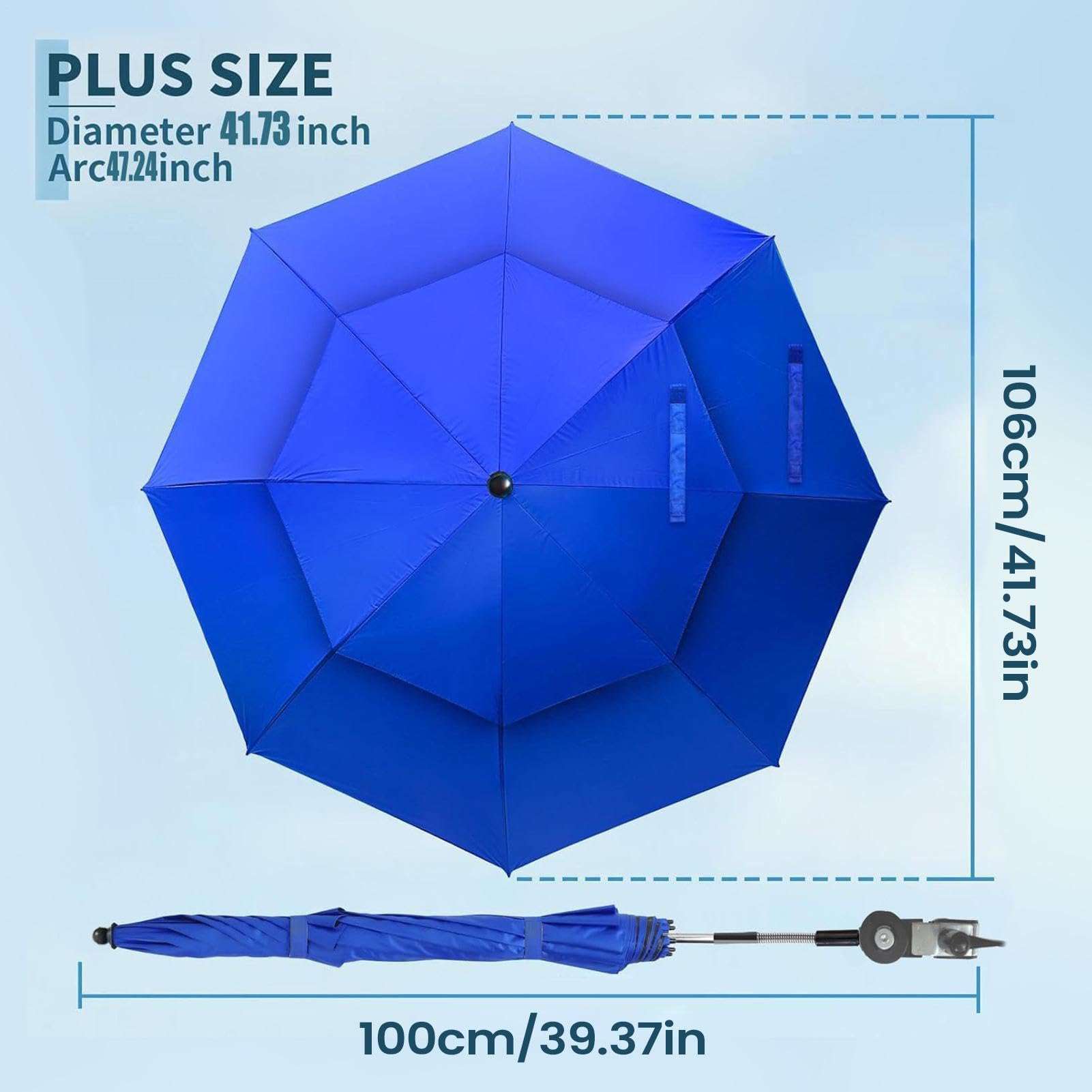 Sombrilla con clip para silla de jardín ajustable de 180° UPF 50+ doble toldo | Silla de playa para exteriores, playa, tomar el sol, viajes, vacaciones, camping, picnic, patio, silla de ruedas