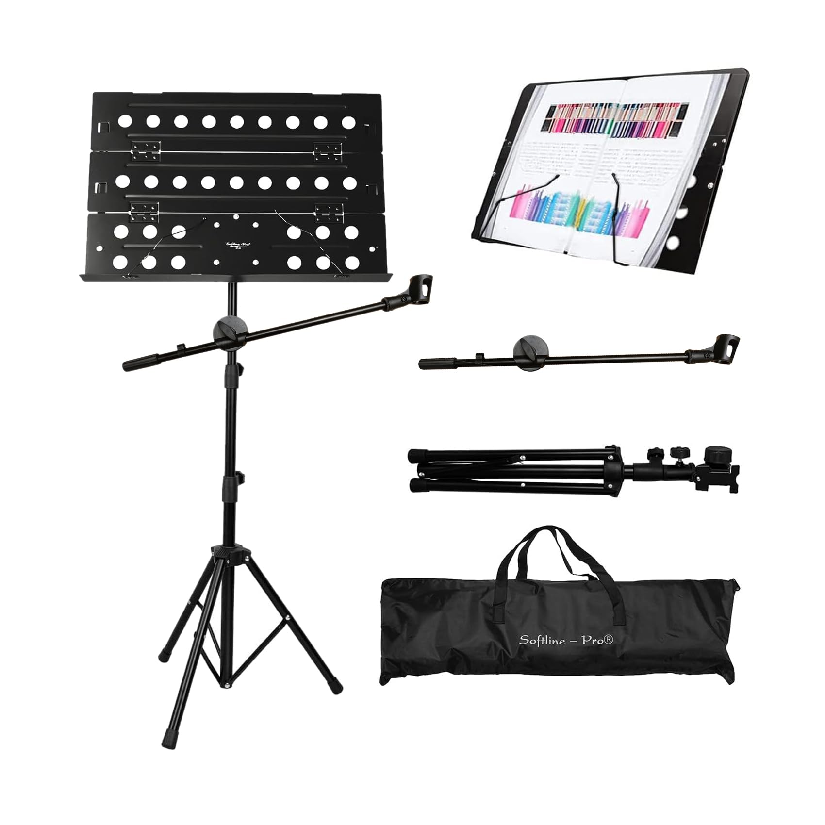 Softline Pro Foldable Music Stand, Portable Professional Notation Stand with Microphone Boom Arm and Carry Bag, 2 Steps Height Adjustable (SP 222)-image-23