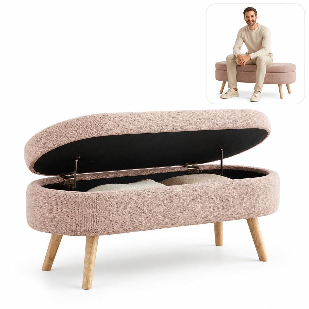 Sitzbank mit Stauraum, Polsterbank 110 cm mit Klappdeckel, Bettbank für Schlafzimmer, Flur & Wohnzimmer, Chenille-Optik,Holzbeine, bis 150 kg belastbar (Rosa)