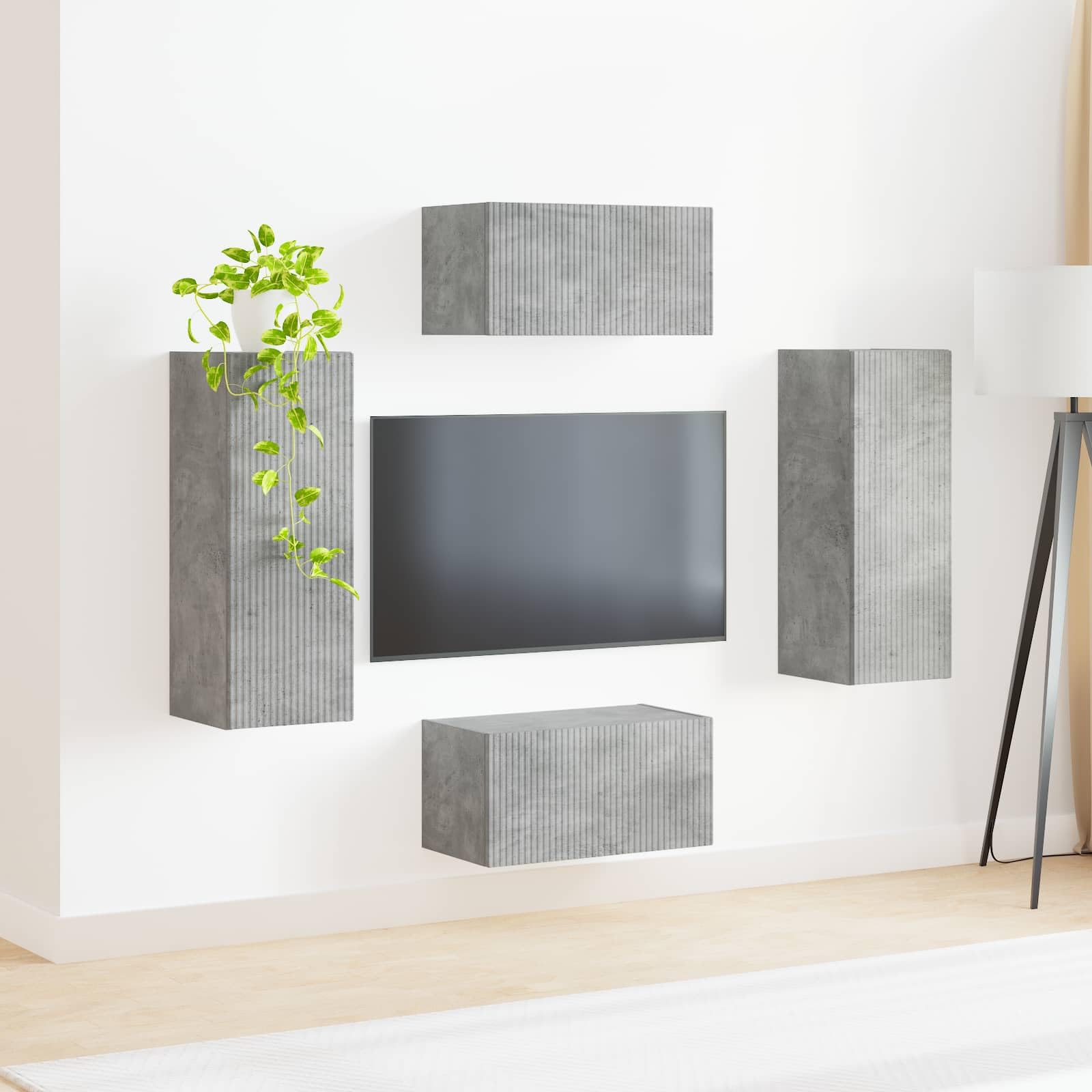 TV-Schrankset Wandmontiert 2-teilig, Beton Grau Holzwerkstoff, Modernes Media Center für Wohnzimmer, Elegante Aufbewahrung, Platzsparend
