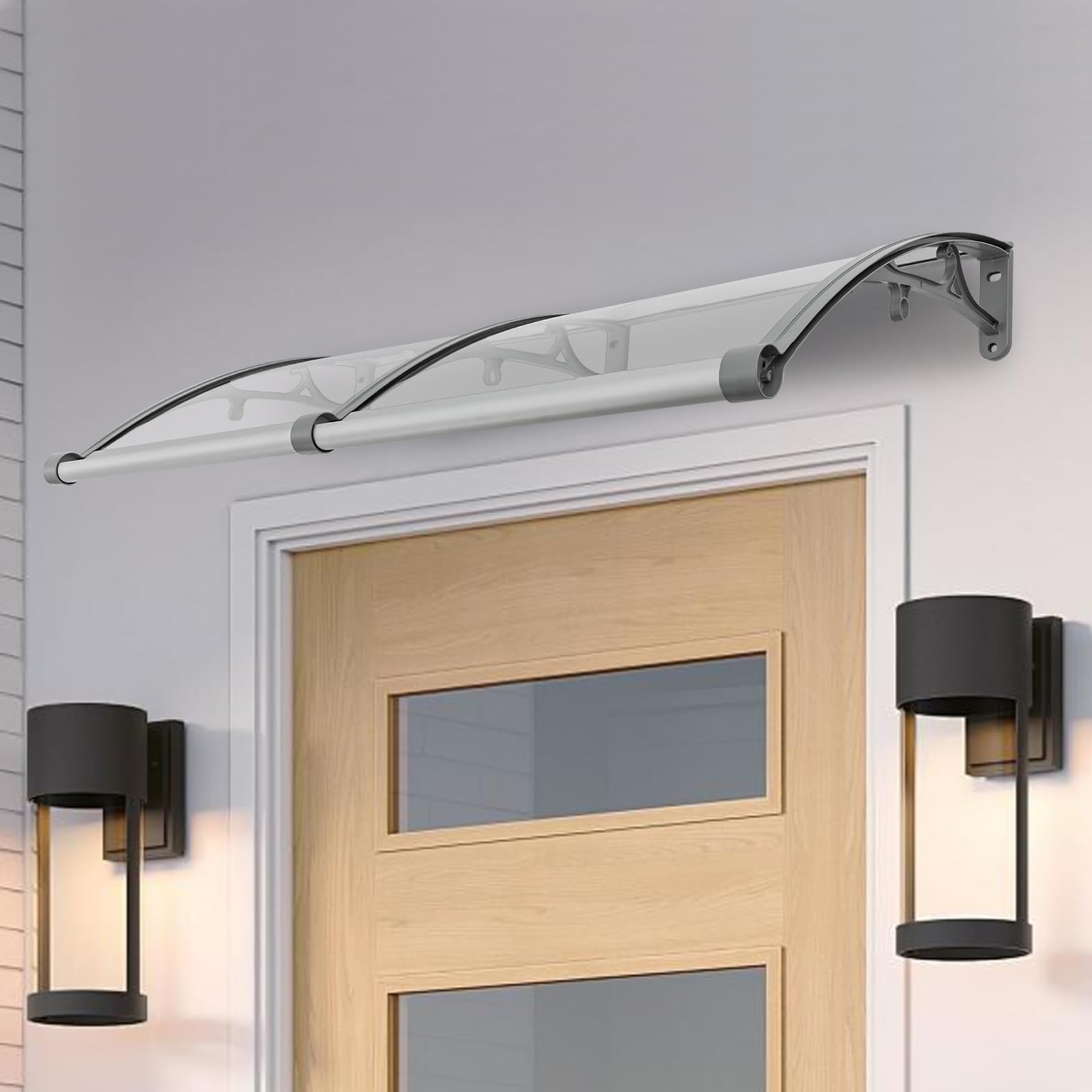 Vordach für Haustür 120 x 60 cm, Aluminium Regenschutz Überdachung Haustür für Balkone Dächer Höfe Garagen Terrassen Veranden (Silber+Transparent)