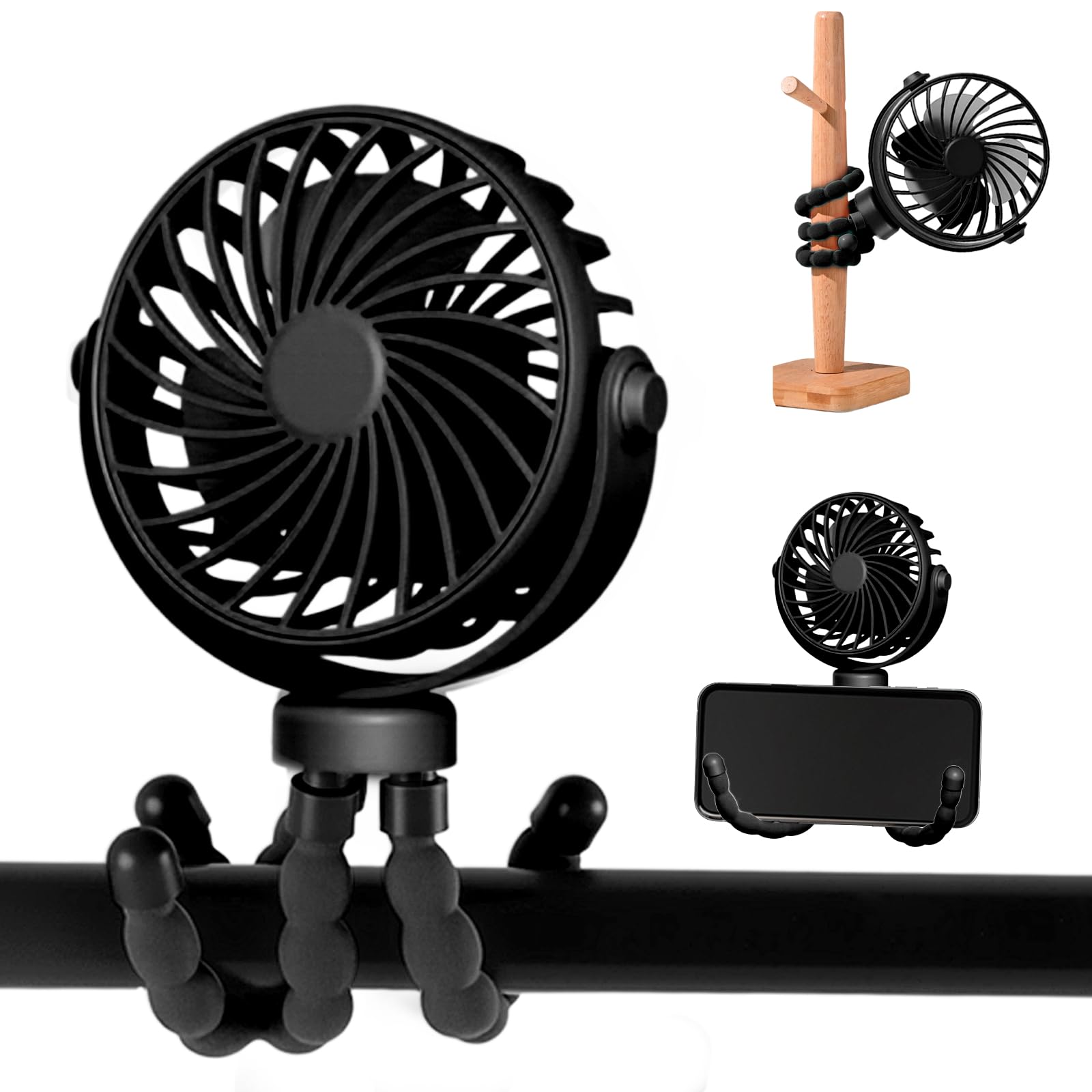 Ventilatore Portatile a Batteria Ricaricabile USB,Ventilatore Portatile Per Passeggino Rotazione a 360° a 3 Velocità con Treppiede Flessibile per Passeggino, Tapis Roulant, Culle (Nero)