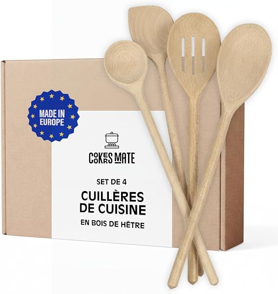 COOKERS MATE - Ensemble de 4 ustensiles de cuisine en bois de hêtre faits à la main, sans rayures - Accessoires de cuisine Maison et cuisine, fabriqué en Europe - Idéal pour un usage quotidien et - 1