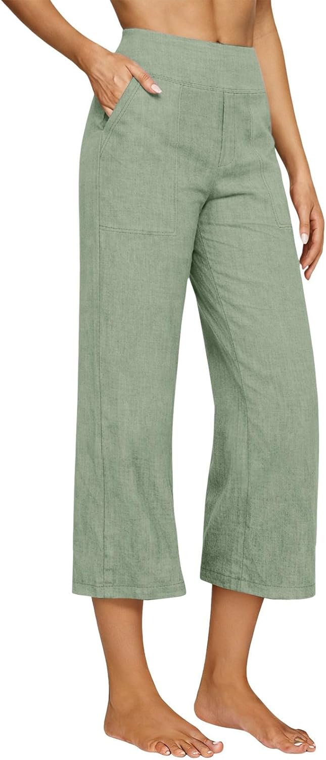 Petite Barrel Pants for Women Linen Gaucho Capri 3/4 Length Wide Leg Loose Casual Summer Lounge with Pockets