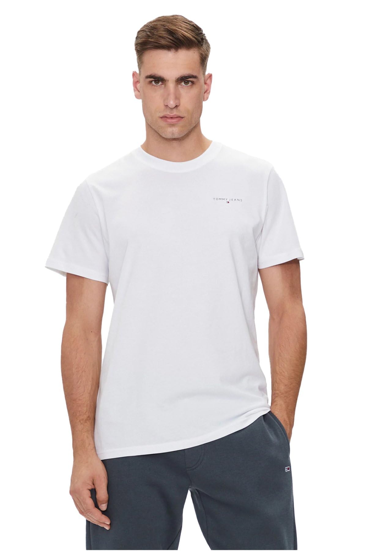 Tommy Jeans Men's Tjm Slim Linear Chest Tee Ext Dm0dm18555 S/S T-Shirt, White (White), XXL