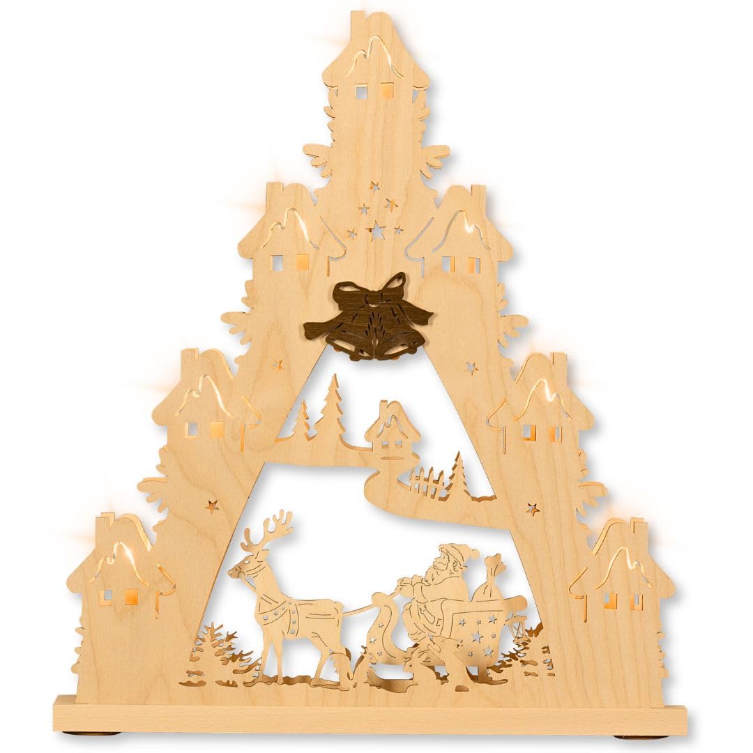 WEIGLA - Lichterspitze original Erzgebirge I Motiv Weihnachtsmann auf Schlitten I LED Lichterbogen Weihnachten I 7 Lampenkerzen + 1 Ersatzlampe I 7 x 34 V, 0,2 W, E10 I Weihnachtsdeko innen I aus Holz
