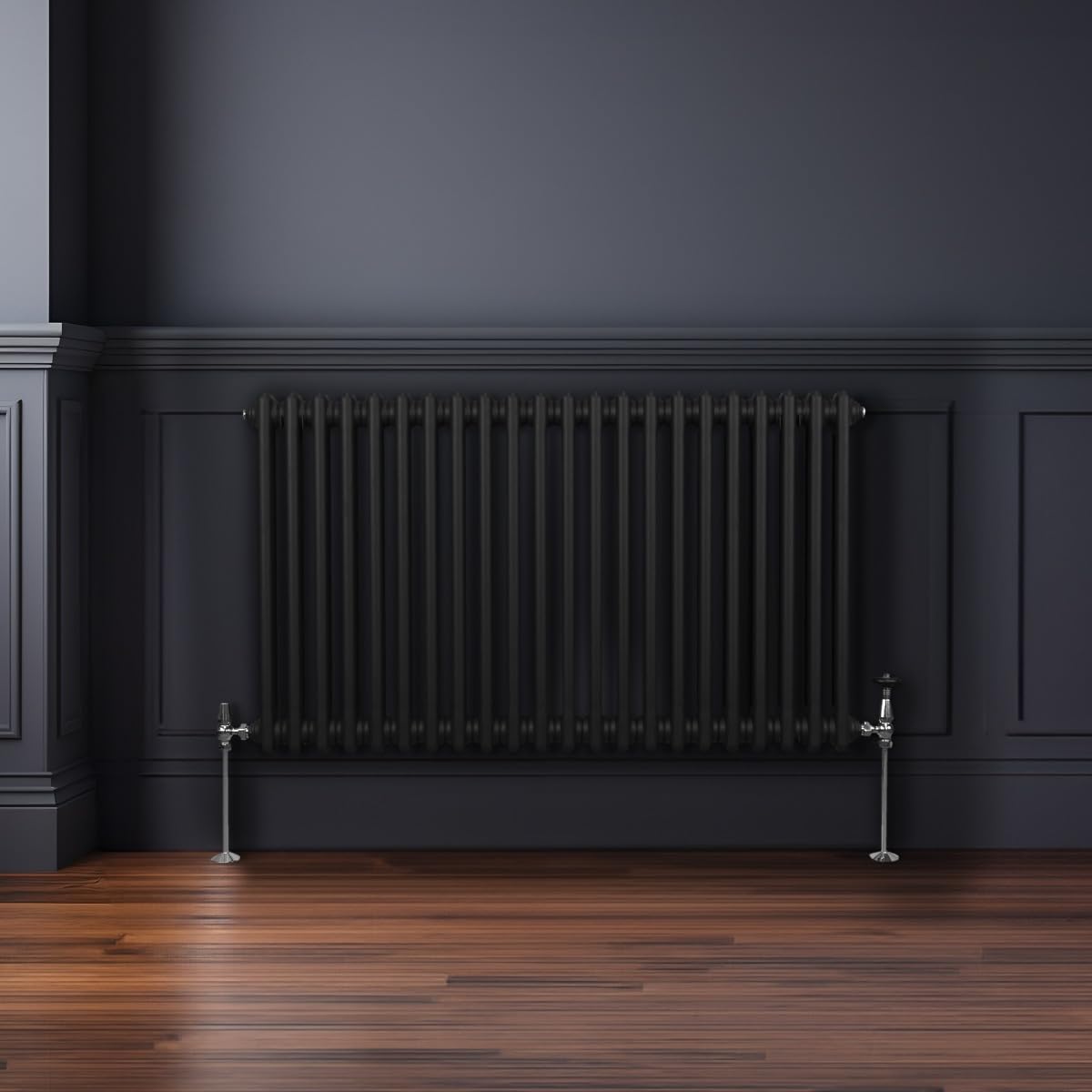 Radiador Tradicional Horizontal de 2 columnas 600mm x 1012mm | Negro Mate | Acero | Montado en pared | Kit de fijación y soportes + Cepillo de limpieza GRATIS | Calefacción estufa calefactor