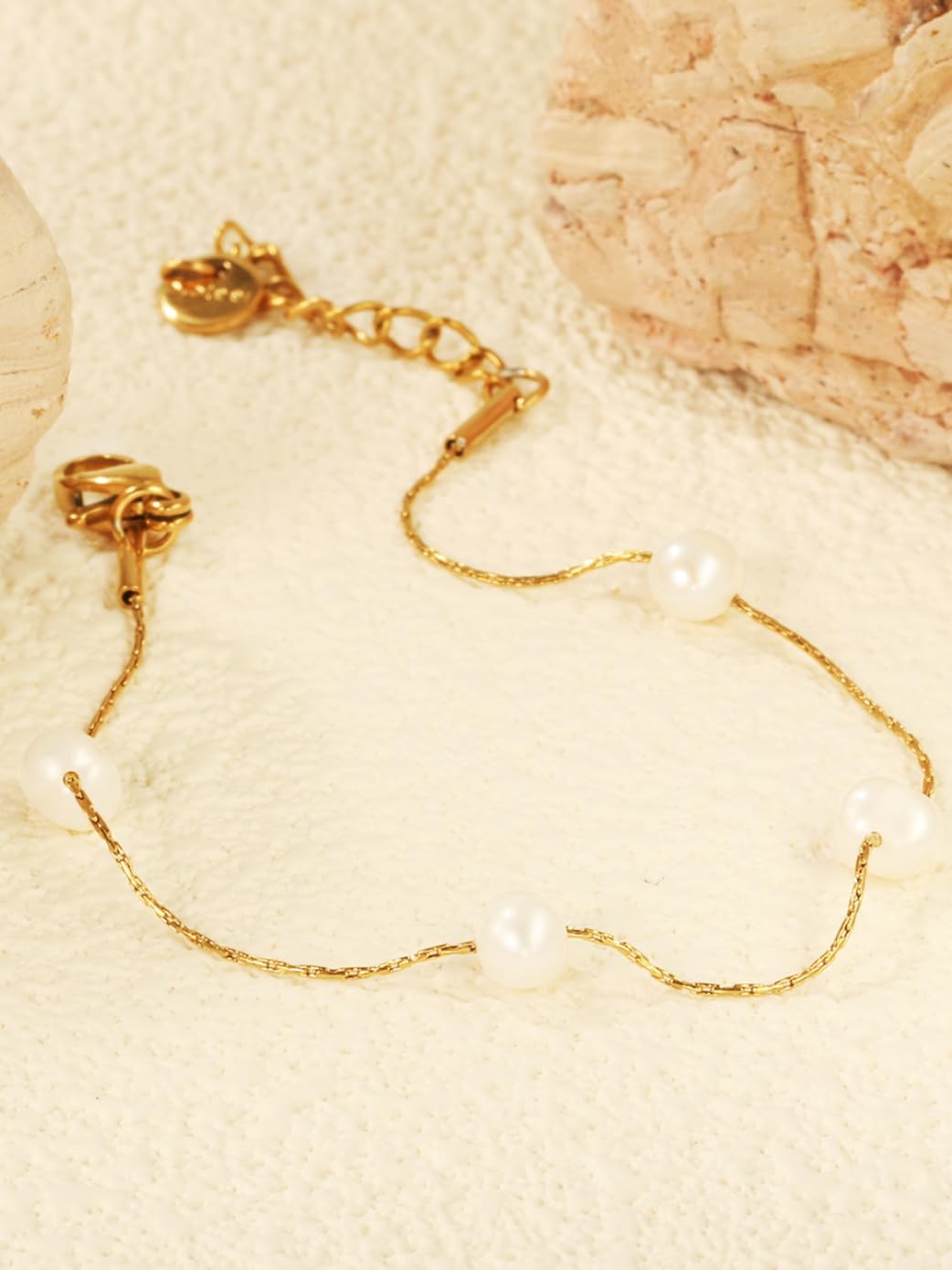 Dainty Freshwater Pearl Bracelet for Women, 18K Gold Plated Stainless Steel Beaded Chain with 4 Natural Pearls, Elegant Handmade Jewelry Gift for Her, Trendy Everyday Wear Accessory - Image 2