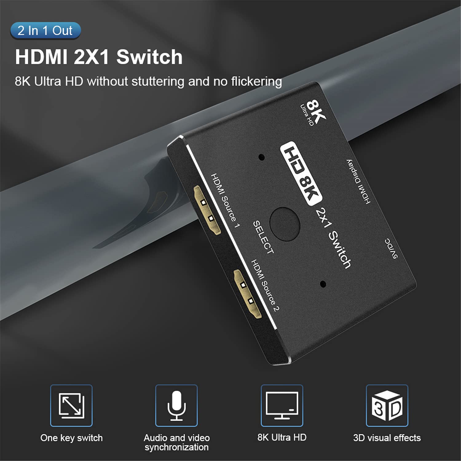 Switcher 2.1 compatibile HDMI 2 in 1 out 8K a 60Hz 4K a 120Hz Ultra HD KVM Switcher 2x1 Adattatore per PS4/5 TV Box HDTV Xbox Proiettore