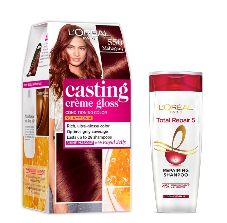 L’Oreal Paris Casting Creme Gloss Hair Color – 550 Mahogany (87.5g+72ml) + Total Repair 5 Shampoo 82.5ml