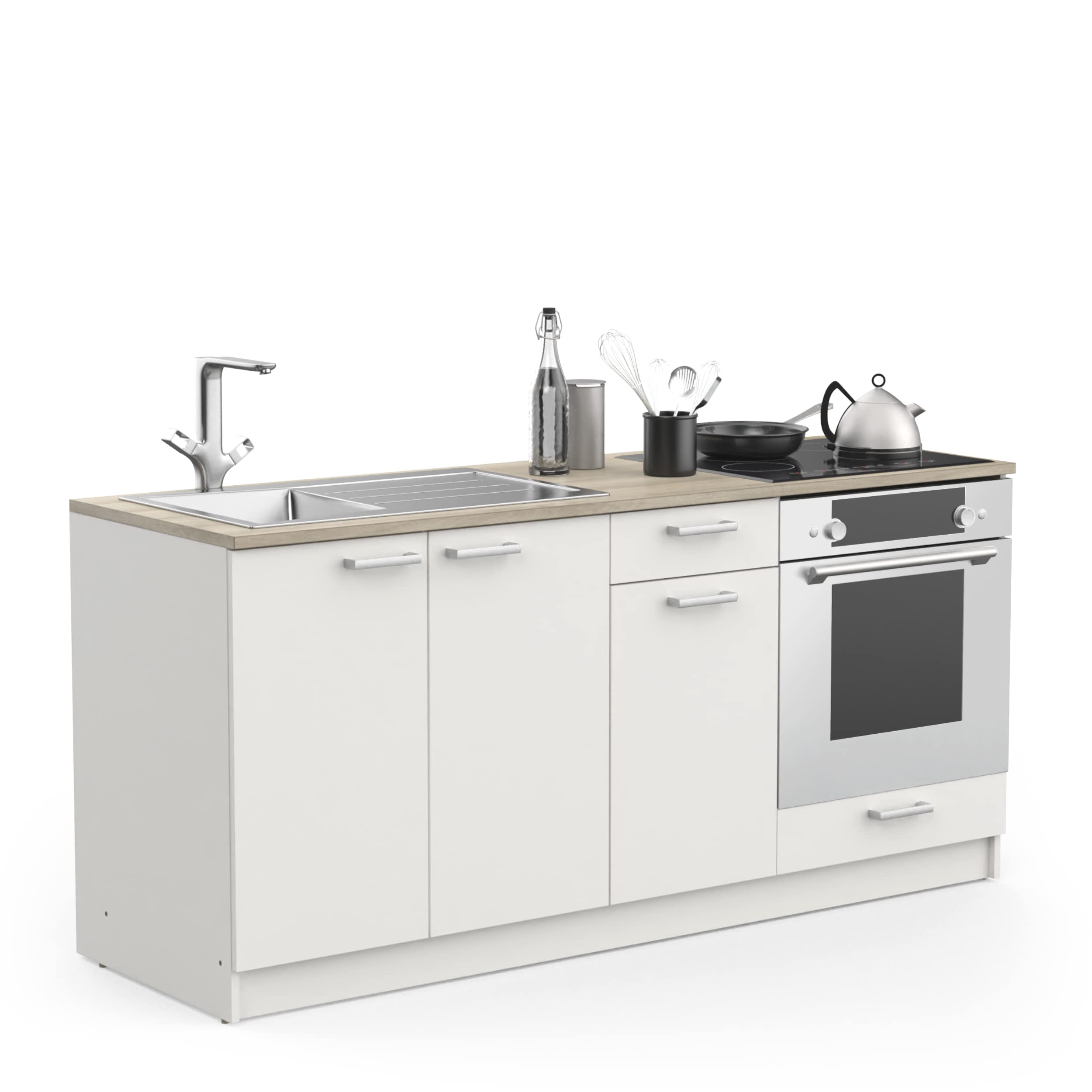 Meuble sous Evier Cuisine Bas 3 Portes 2 Tiroirs et 1 Niche – Cooking – Coloris Blanc & Chêne – 60 x 180 x 85,2 cm