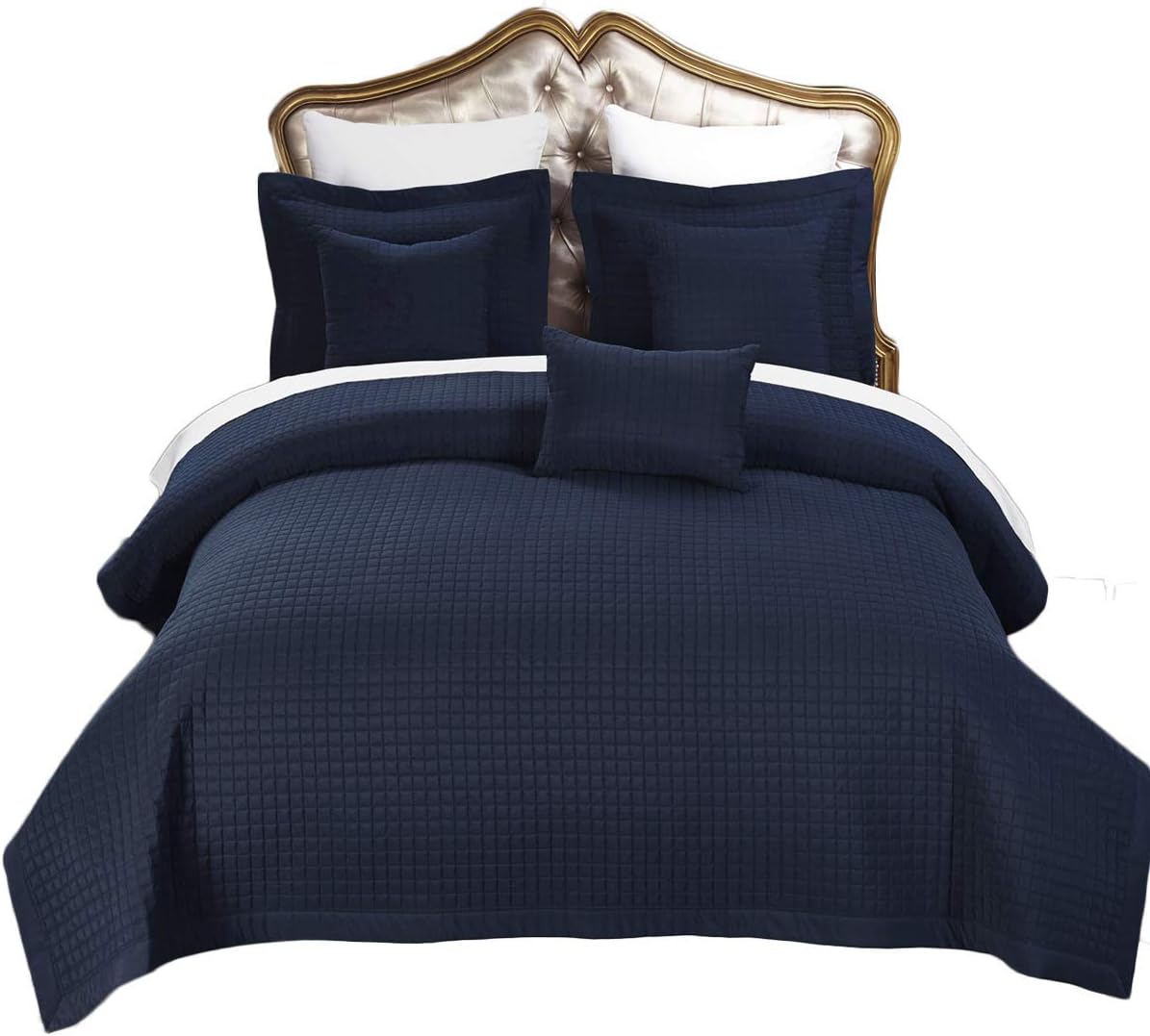 Bеѕt Dеаl Chеар 🛒 Checkered Style Soft and Plush Coverlet, 3PC Set Stitched Filled Bedspread, Extra Soft Bed Cover, Checkered Pattern Quilted Bed Quilt, Navy, Queen