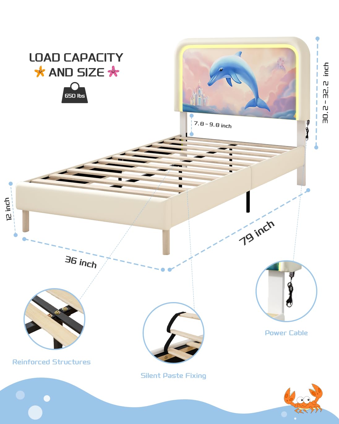 aoohxzr Twin Smart Cute Dolphin LED Bed Frames for Kids,with Adjustable Ultra-Thick Headboard,Full Size Platform Bed Frames for Boys and Girls,Wooden Slats Support,No Box Spring Needed, Easy Assembly