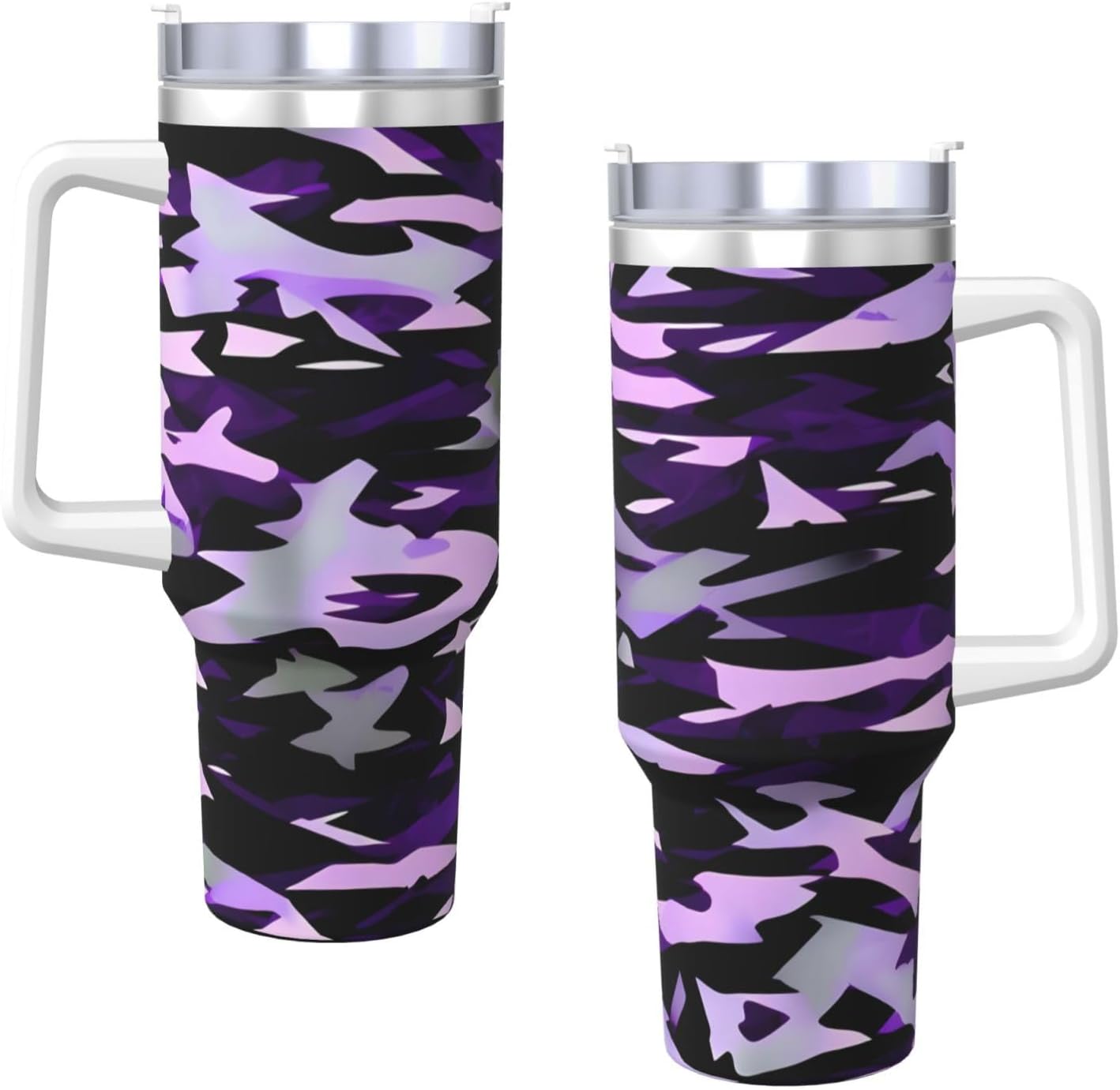 40 OZ American Camouflage Purple Print Ice Bully Cup with Handle Straw Lid Straw,Stainless Steel Tumbler Coffee Cup