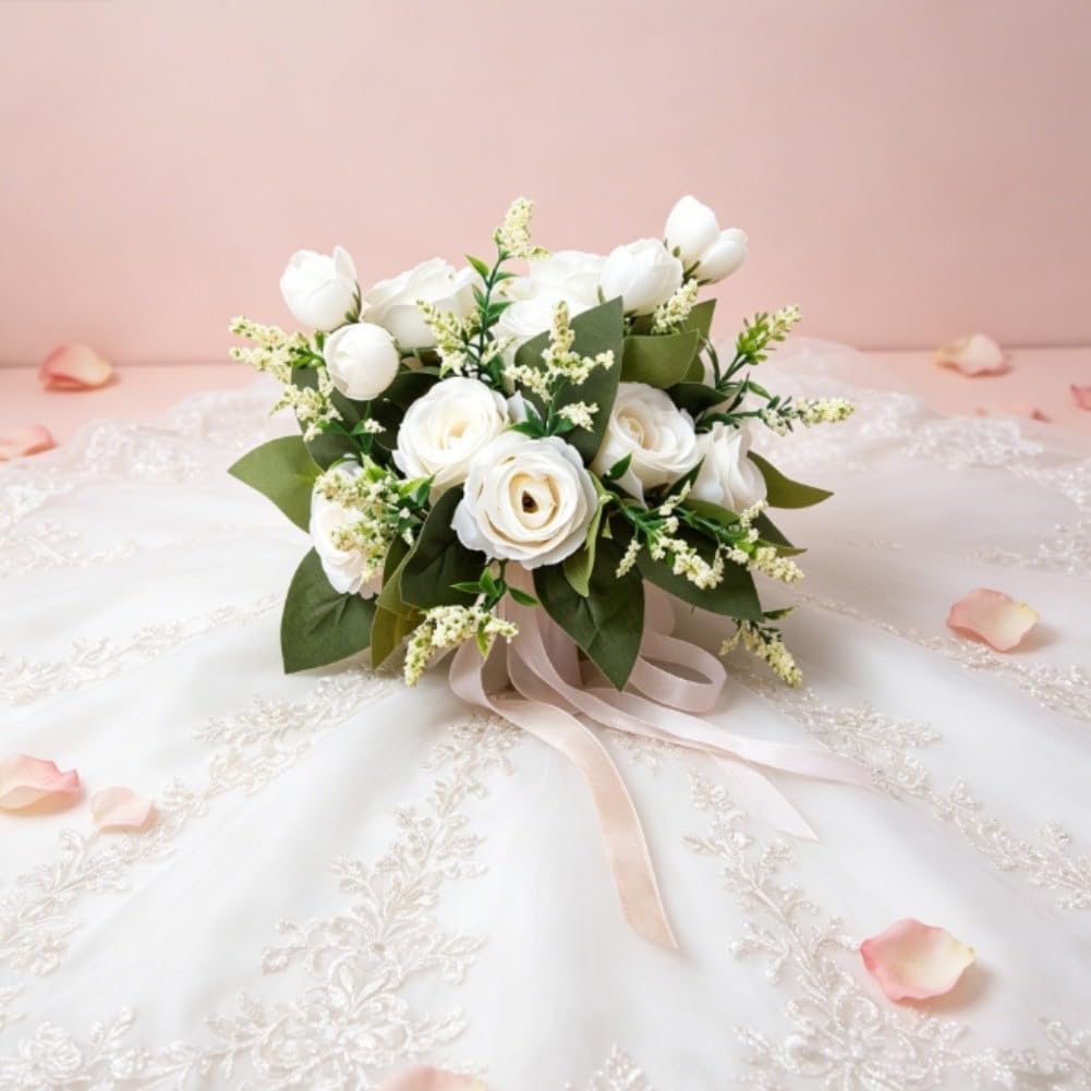 Bouquet di fiori artificiali per damigelle d'onore, rose in seta, design peonia, leggero, 22 cm, blu e viola (rosa)