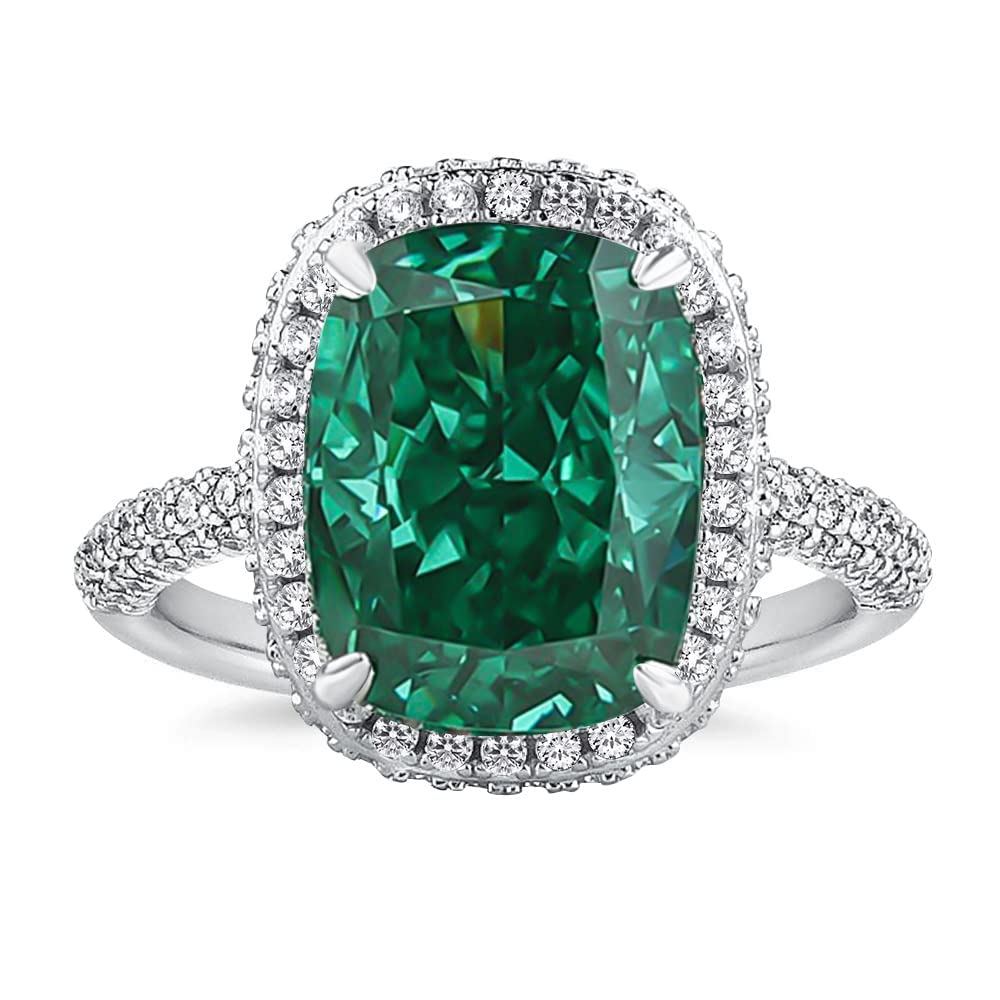 Effinny 8.0ct Dark Green Gemstone Engagement Ring for Women,925 Sterling Silver Big Cushion Cut Halo Promise Ring