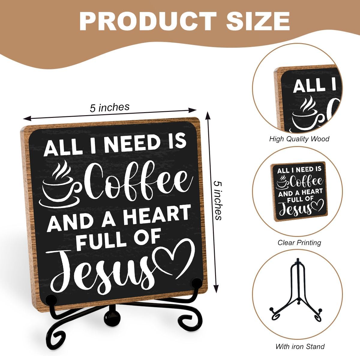 Christian Coffee Bar Decor, 5 x 5 Inch Rustic Wooden Sign with Stand image 2