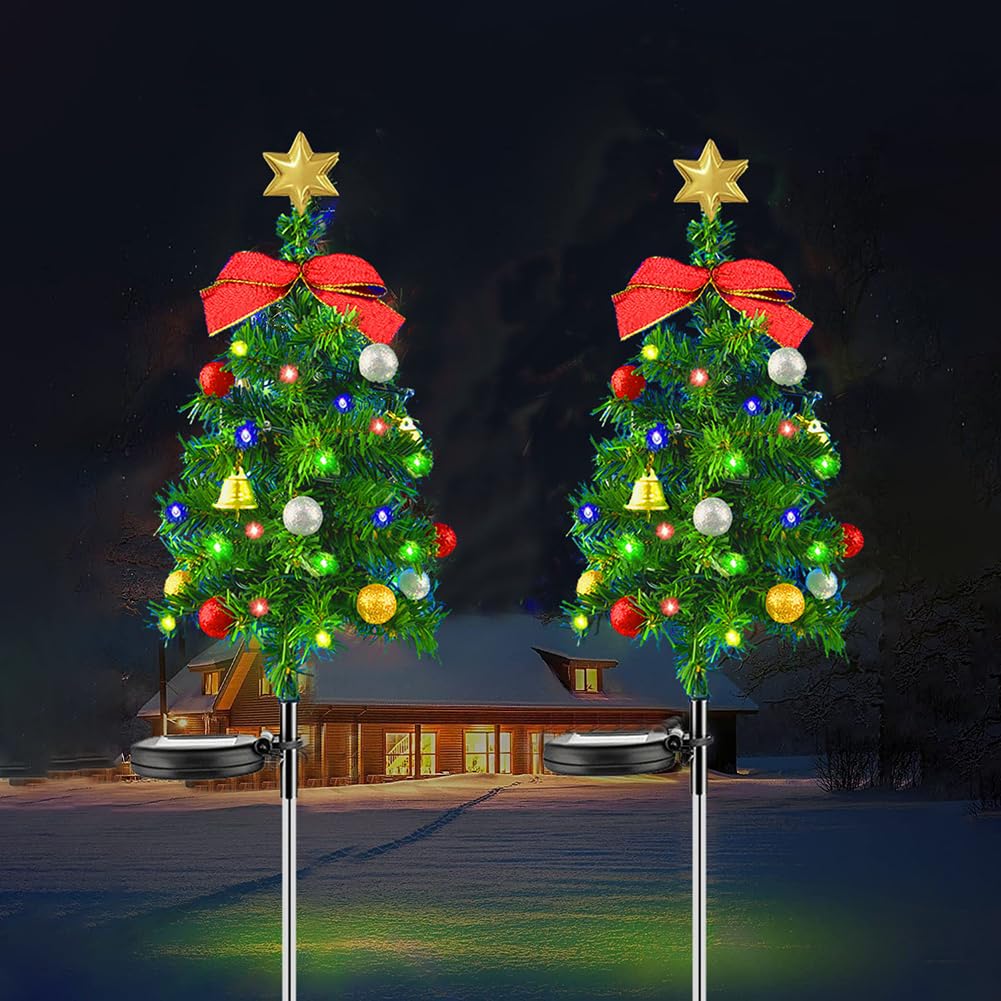 RuiDay Christmas Tree with Solar Light Outdoor,2 Pack Christmas Tree Garden Lights,Solar Xmas Pathway Lights IP65 Waterproof,Solar Stake Lights Xmas Tree Garden Decor for Pathway Lawn Patio (10 Pack)