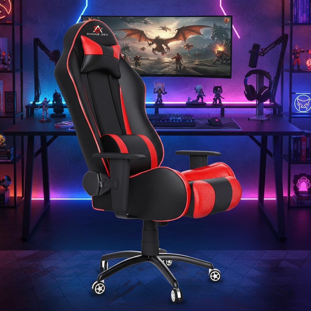 ASE GAMING Gold Series Ergonomic Gaming Chair Premium PU Leather, Adjustable Neck & Lumbar Pillow, 180 Degree Recline with Black Metal Base with 3 Years Warranty (Red & Black)