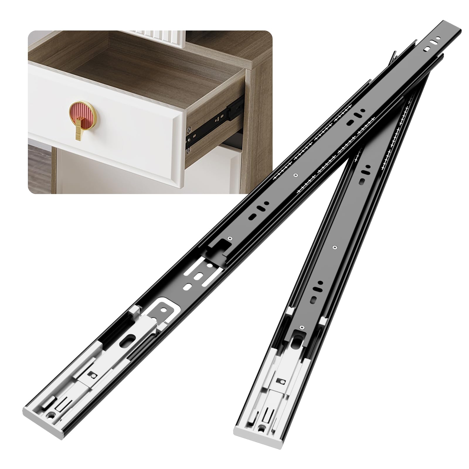 SONEE Side Mount Soft Close Drawer Slides, 10, 12, 14, 16, 18, 20, 22 Inch, Full Extension Drawer Glides, 3 Fold, Ball Bearing, Bottom Mount, Heavy Duty 100 LB, Black (1 Pair, 20 Inch)