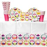Cupcake Birthday Party Supplies Pack for 16 Guests: Straws, Dessert Plates, Beverage Napkins, Table Cover, and Cups