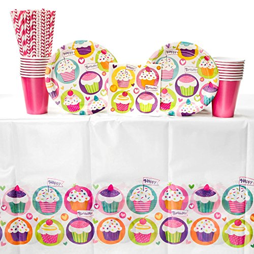 Cupcake Birthday Party Supplies Pack for 16 Guests: Straws, Dessert Plates, Beverage Napkins, Table Cover, and Cups