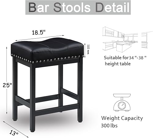 Miniatura 3 de OUllUO Juego de 2 taburetes de bar negros, taburetes de bar de altura de mostrador, taburetes de silla de montar, taburetes de piel sintética con