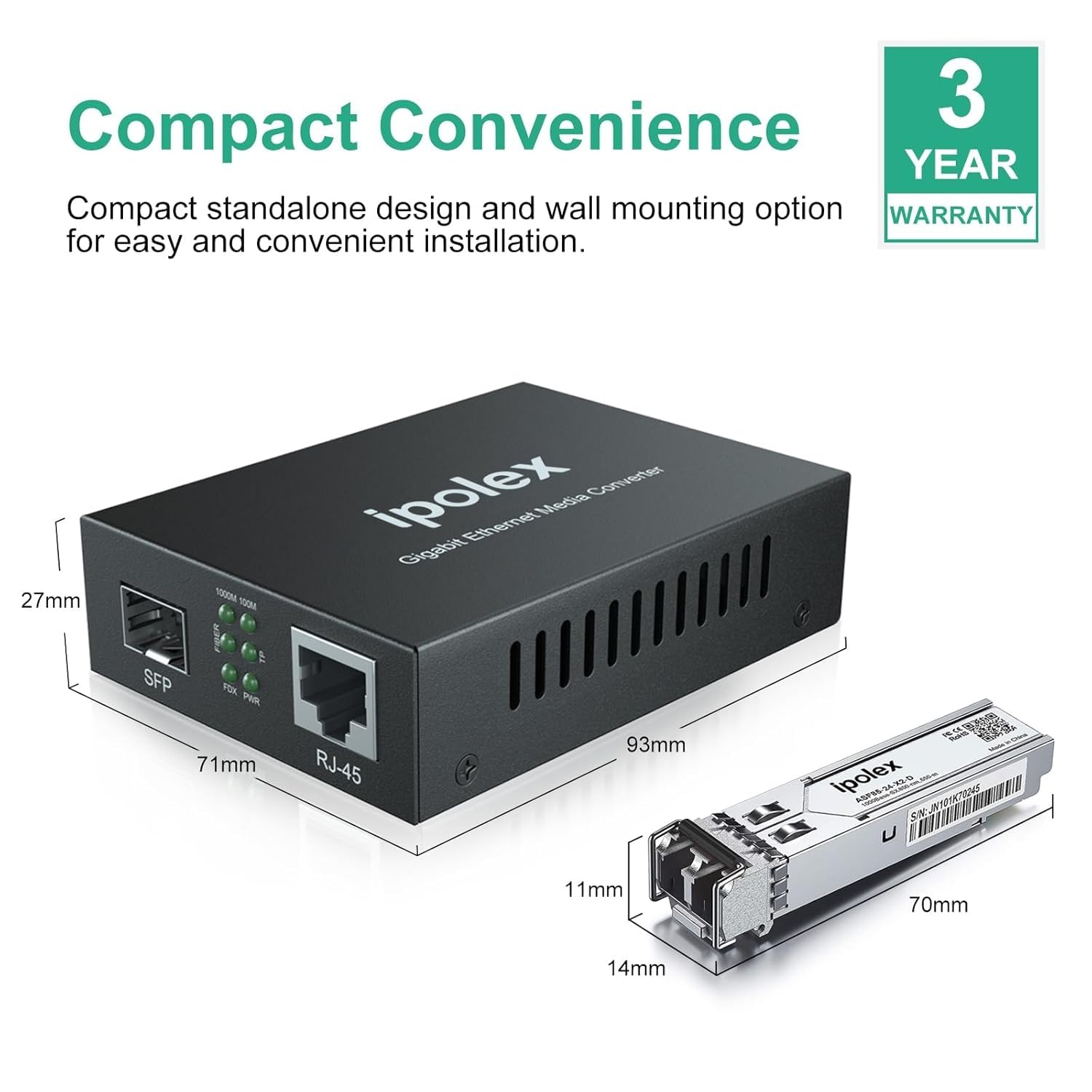 ipolex Convertitore Multimediale Gigabit Ethernet, Porta SFP 1,25G Convertitore di Media a Fibra Ottica, Multimodale LC Convertitore Multimediale con Modulo SFP-SX(850-nm, 550-m@OM2OM3MMF). 1-Pack.