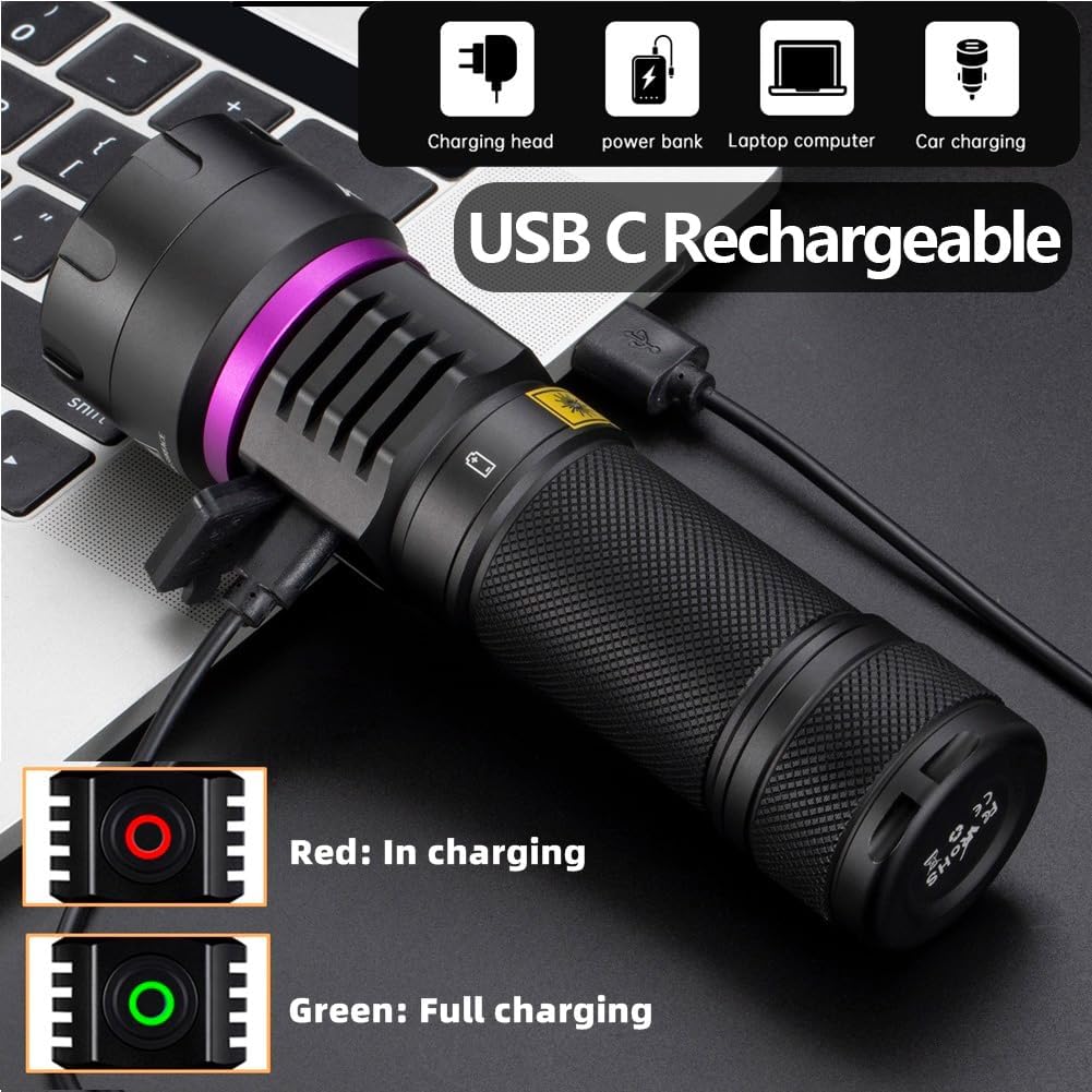 ALONEFIRE SV116 UV flashlight connected to a laptop via USB-C cable, showing charging indicator lights