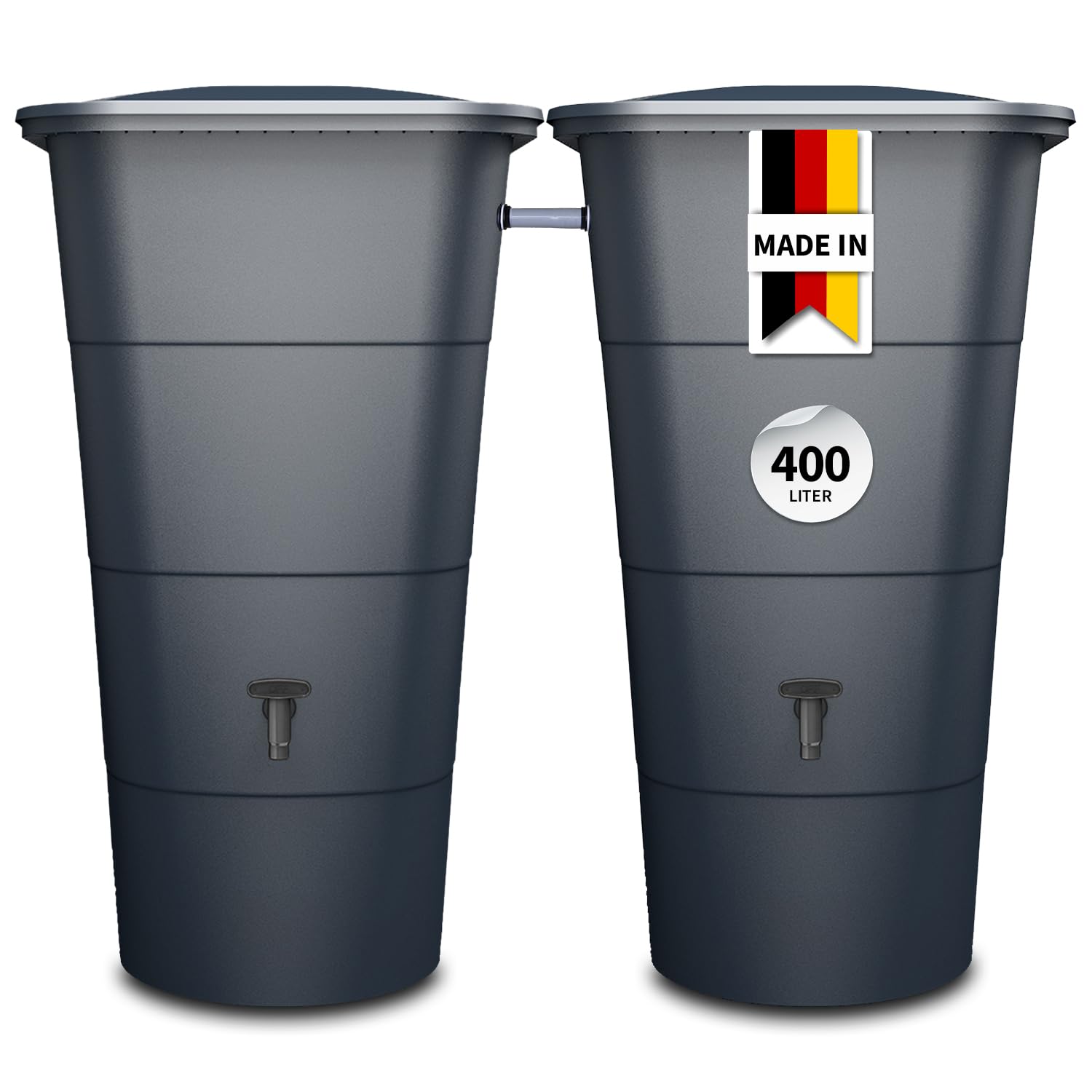 GARANTIA Ibiza Regentonnen-Set eckig 400 Liter Graphite Grey, 2 x Ibiza 200 Liter inkl. Verbinder - als graues Wasserfass für nachhaltige Gartenbewässerung - mit Deckel, Hahn und Matter Oberfläche
