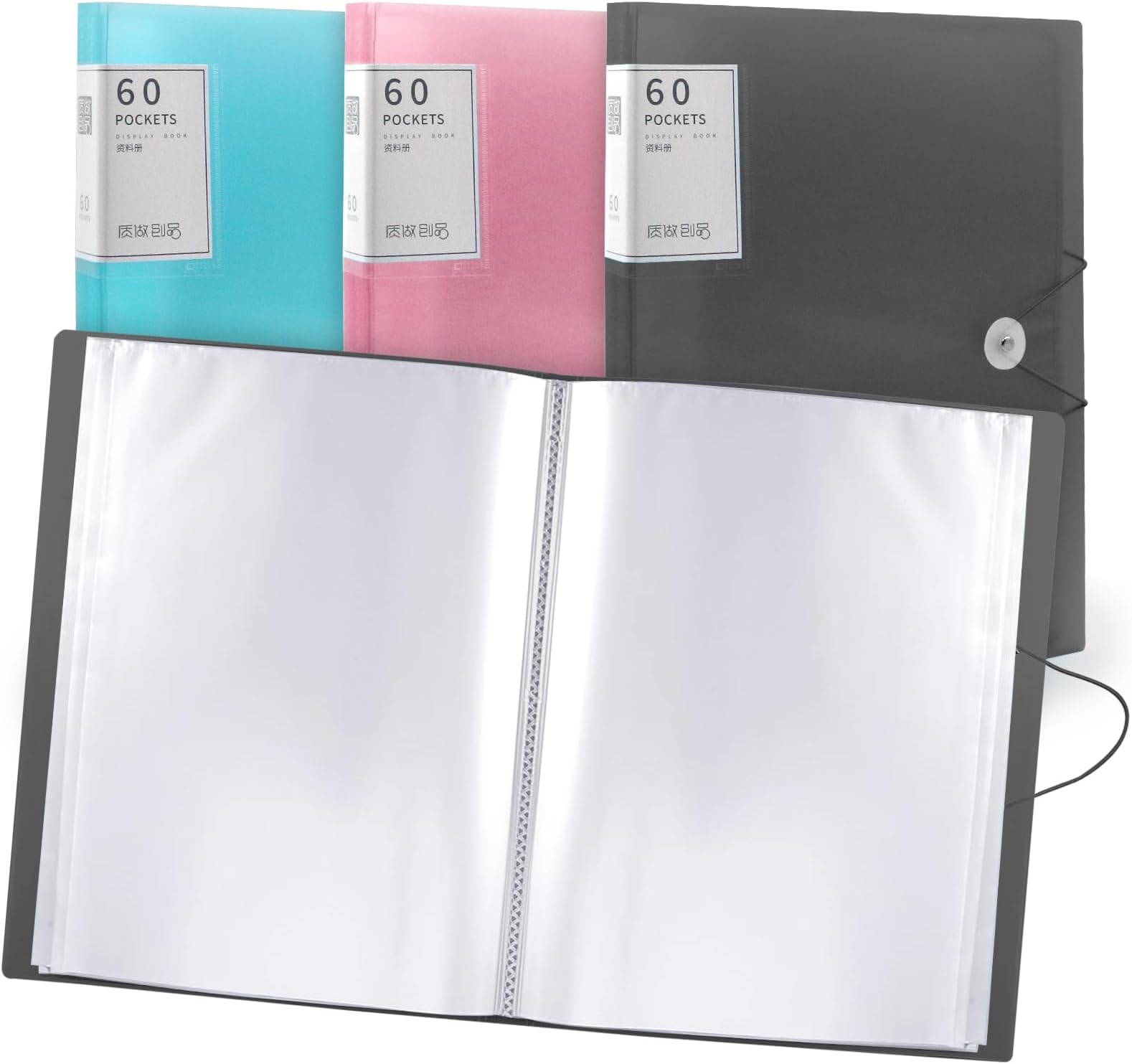 A4 60 Pocket Presentation Folder A4 Presentation Folder with Plastic Sleeves and Safety Rope for School and Office - Pink (Black)