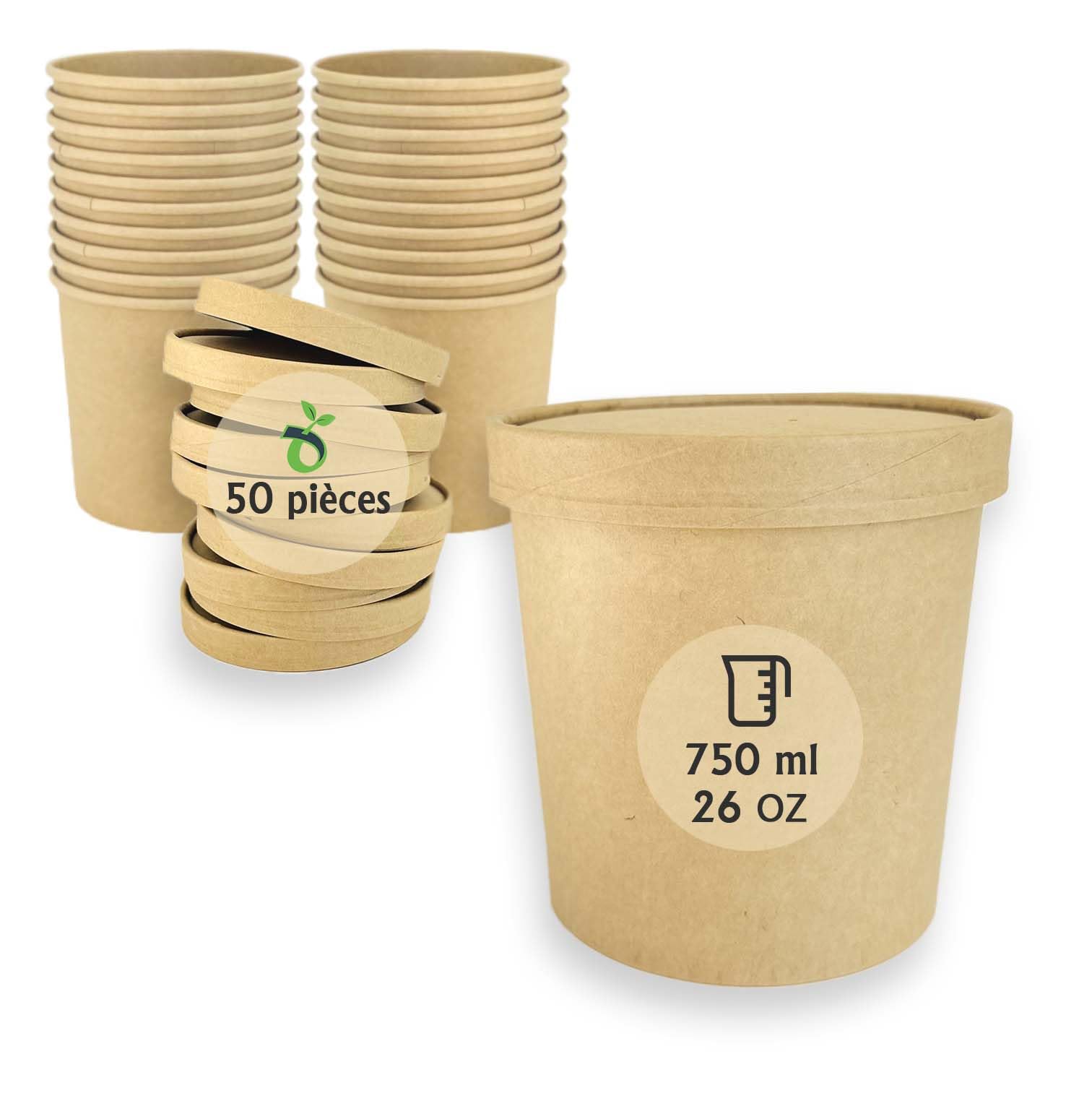 Lot de 50 gobelets à Soupe jetables de 750 ML avec Couvercle en Carton Kraft, gobelets Alimentaires Marron avec revêtement en polyéthylène, Bol à Soupe avec Couvercle
