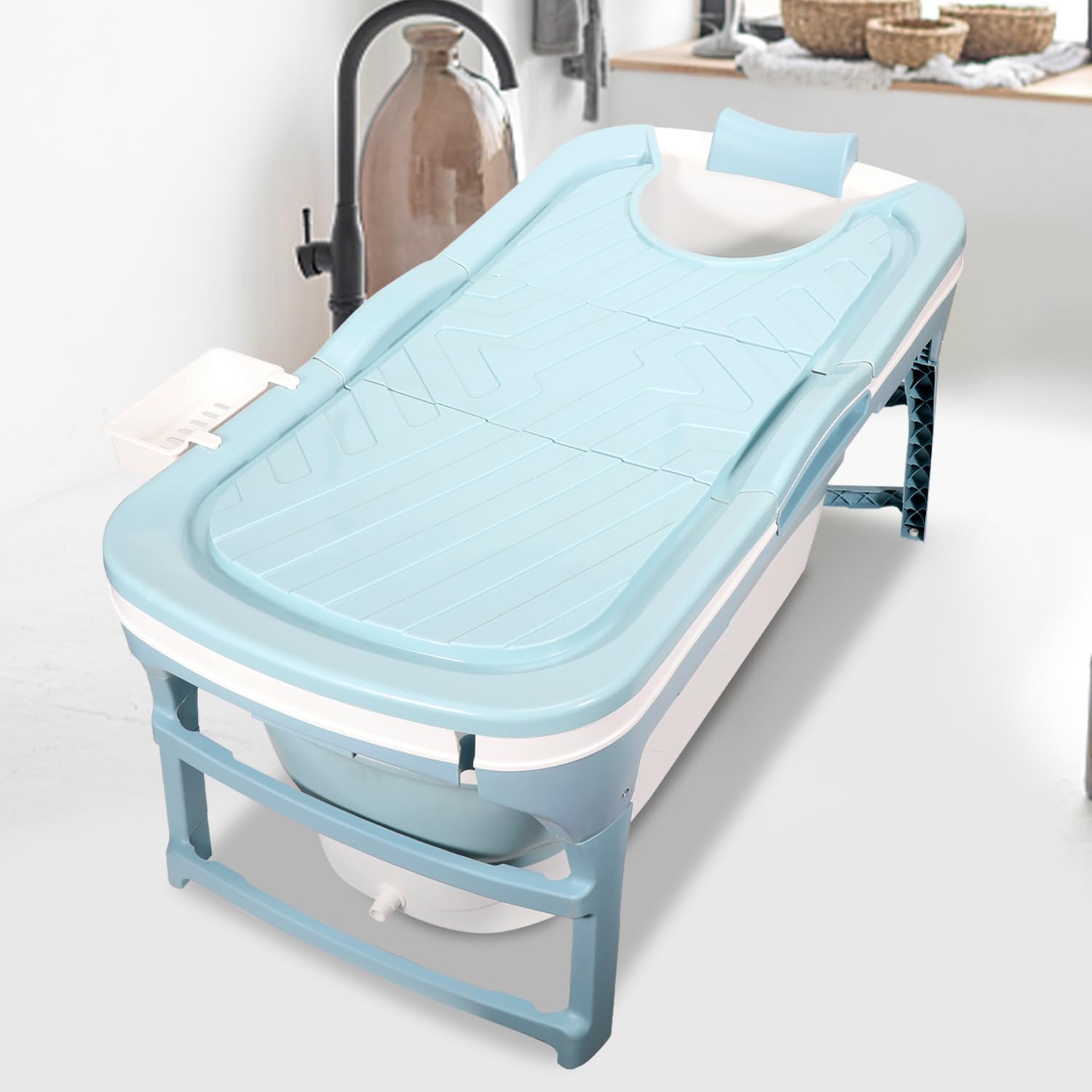 Faltbare Badewanne für Erwachsene - Praktisch mobile Badewann mit abnehmbarem Deckel sowie Seifenablage und Nackenstütze ausgestattet, Größe L, 118 * 60 * 50cm, Blau