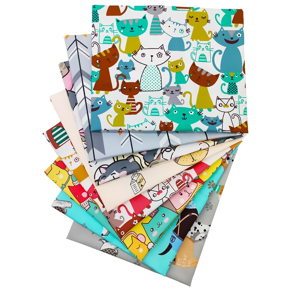 Tela de 8 piezas por lote de tela de retales 100% algodón, 50 cm x 50 cm, tela de algodón precortada para patchwork, costura acolchada, diseño de perro gato