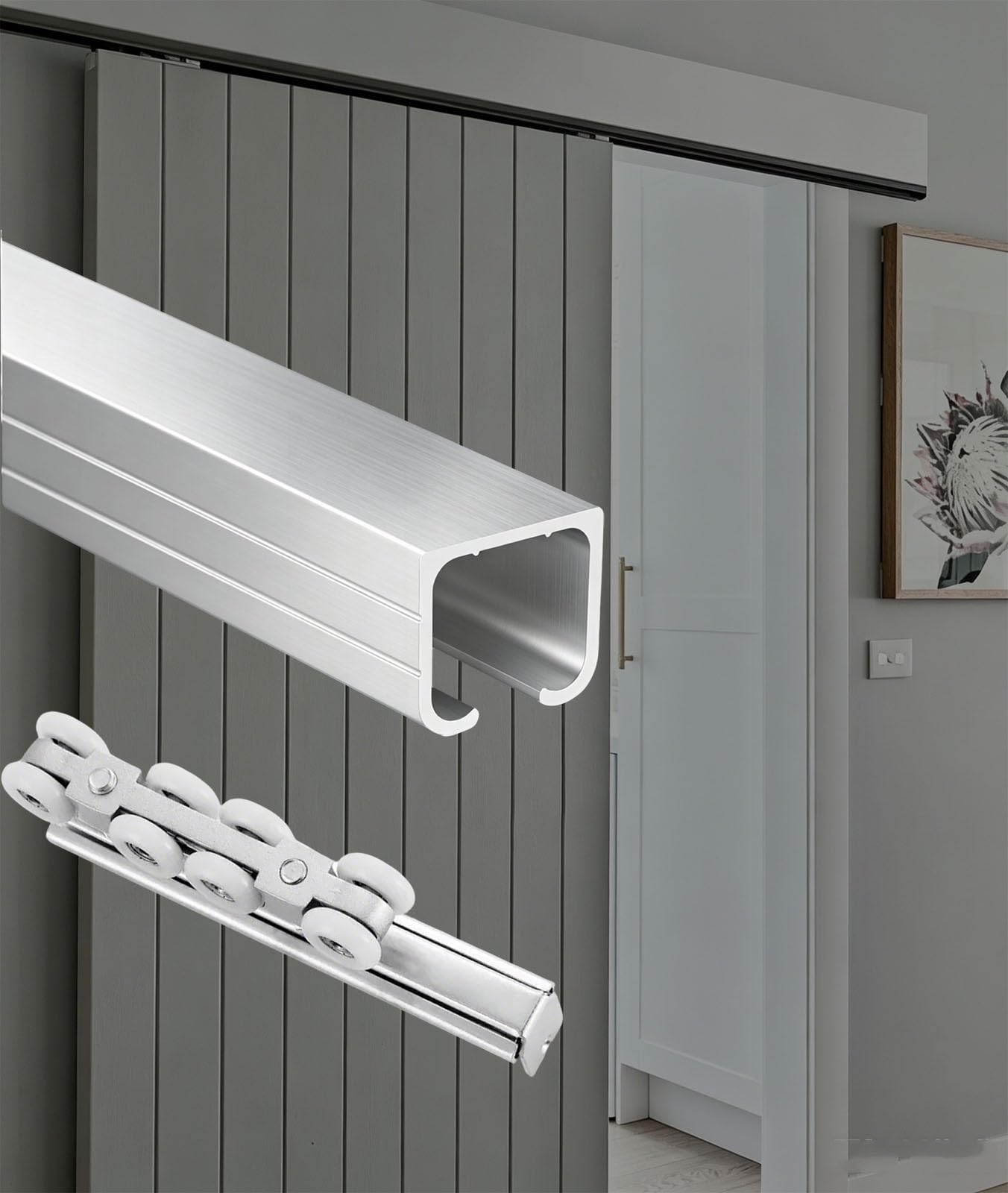 Single Sliding Door Track 100 150 200 250 300 400 500 Cm, Ceiling Mount Barn Door Hardware Kit, Heavy Duty Doors Rail System for Closet/Garage Doors(Silver,550cm/18ft)