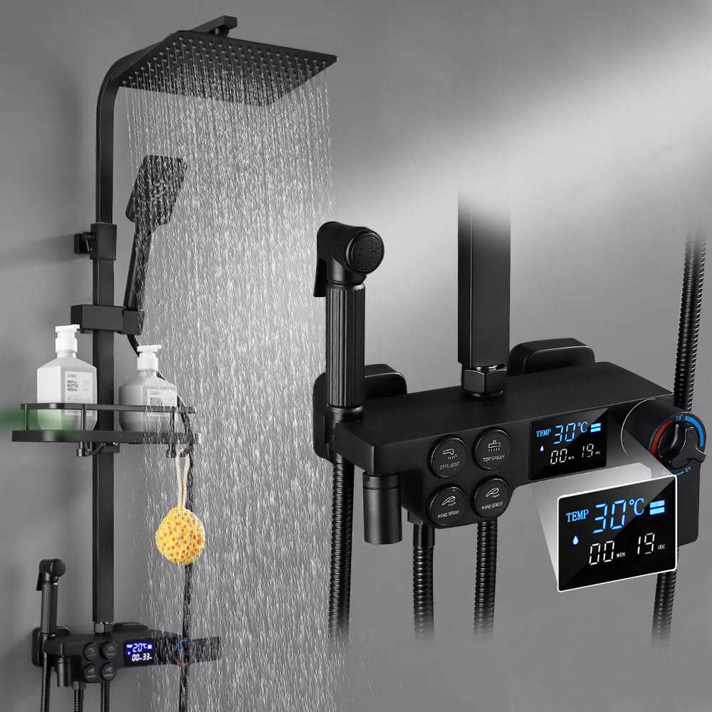 System prysznicowy czarny z termostatem, 30 x 19 cm, uniwersalny zestaw prysznicowy 86-120 cm, regulowany drążek prysznicowy, kolumna prysznicowa ze stali nierdzewnej, wyświetlacz LED, armatura