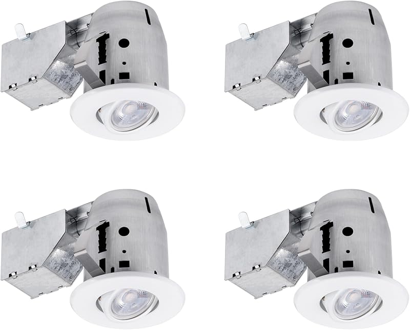 90718 3" LED IC Rated Swivel Round Trim Recessed Lighting Kit 4-Pack, White Finish, Easy Install Push-N-Click Clips, Bulbs Included, 3.25" Hole Size, 400 Lumen