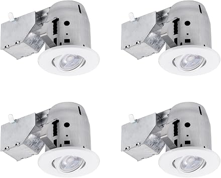 غلوب إلكتريك 90718 3 "LED IC مصنفة دوارة مستديرة تقليم مجموعة إضاءة 4-حزمة ، تشطيب أبيض ، سهولة تثبيت مقاطع الضغط- N- انقر ، المصابيح متضمنة ، 3.25" حجم الثقب ، 400 لومن