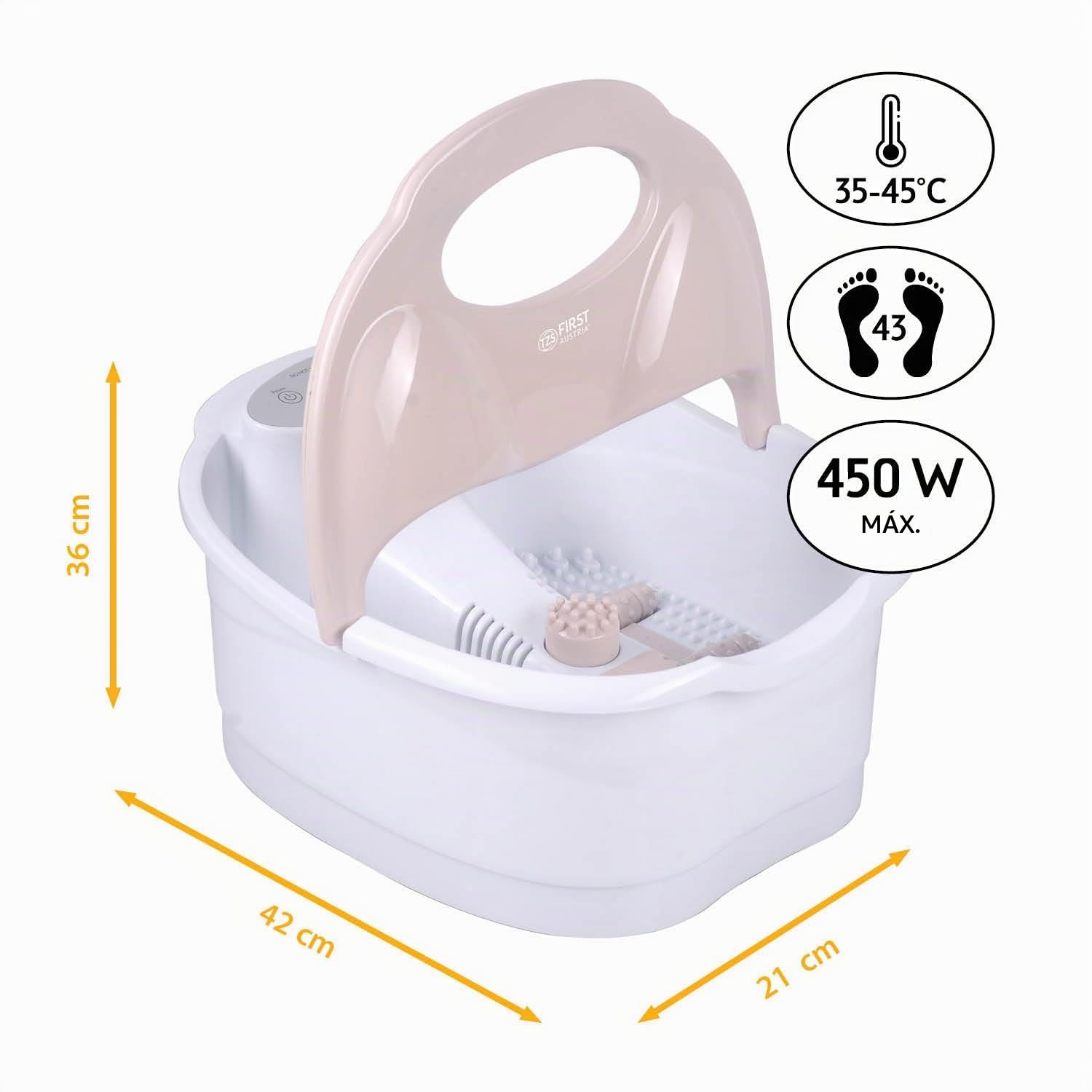TZS First Austria - Baño de pies con función de masaje Digital - 450W - Pantalla LED & Luz Roja - Hasta Talla 43 - 3 Accesorios, Protección contra Salpicaduras & Caja de Aroma - Beige