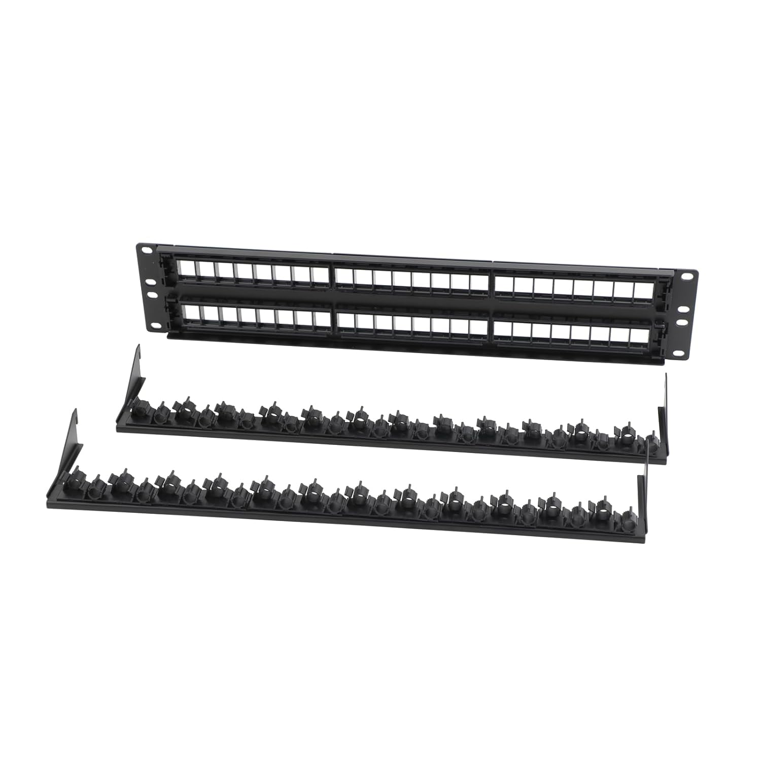 2U 48 Port Patch Panel, RJ45 Keystone Patch Panel with Cable Management and Support Bar for 19inch Rackmount, with 24 Blank Keystone Jack