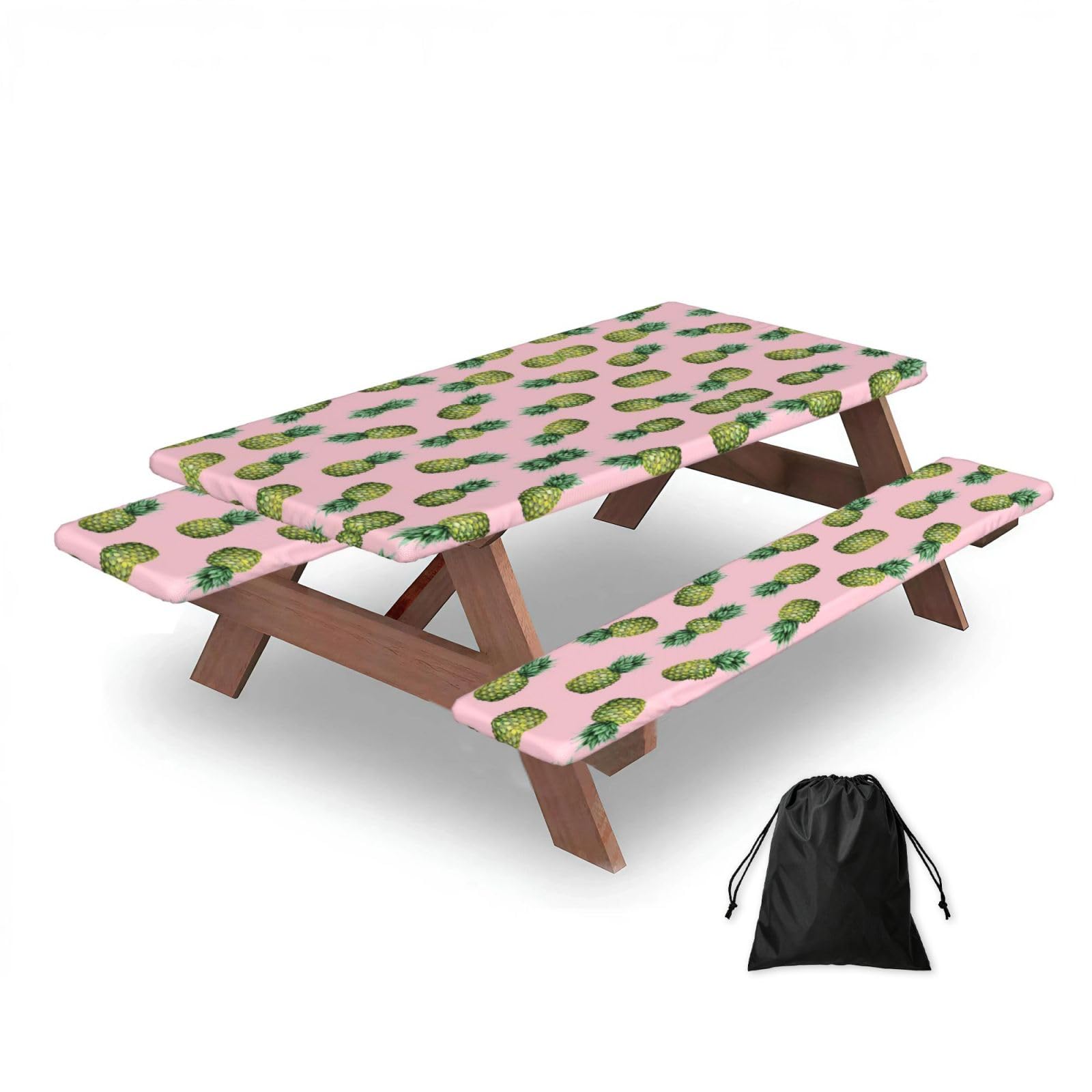 ESNAIUVCD Pineapple Printed Print Picnic Table Cover With Bench Covers,Camping Essentials,Fitted Tablecloth Cover With Elastic Edge, For Indoor & Outdoor 3 Pcs