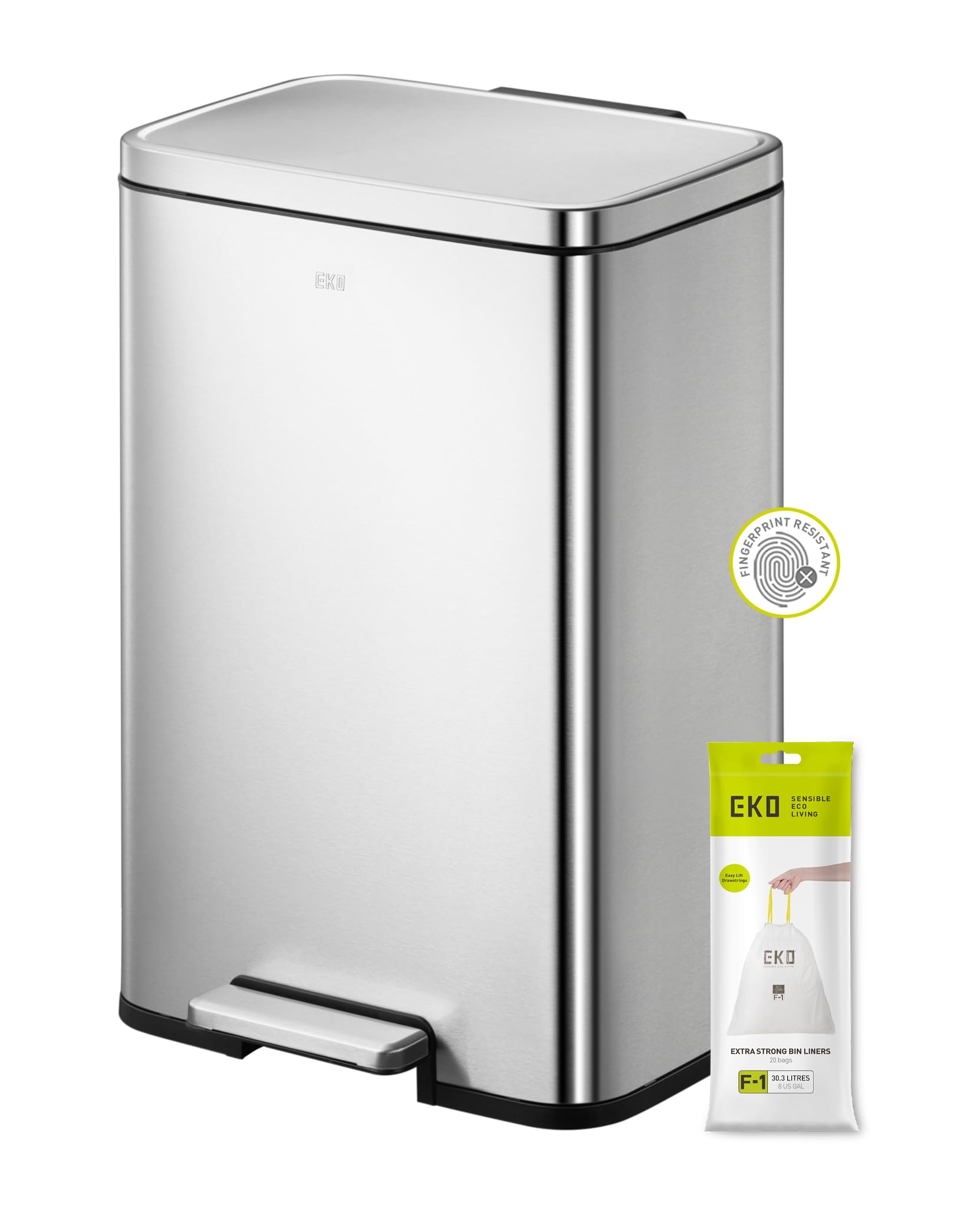 EKO Madison Recycling Bin 20+25 Litre, Built-in Handle, Two Removable Inner Buckets and Pedal Mechanism, Fingerprint-Resistant, Perfect for Kitchen & Home, Stainless Steel