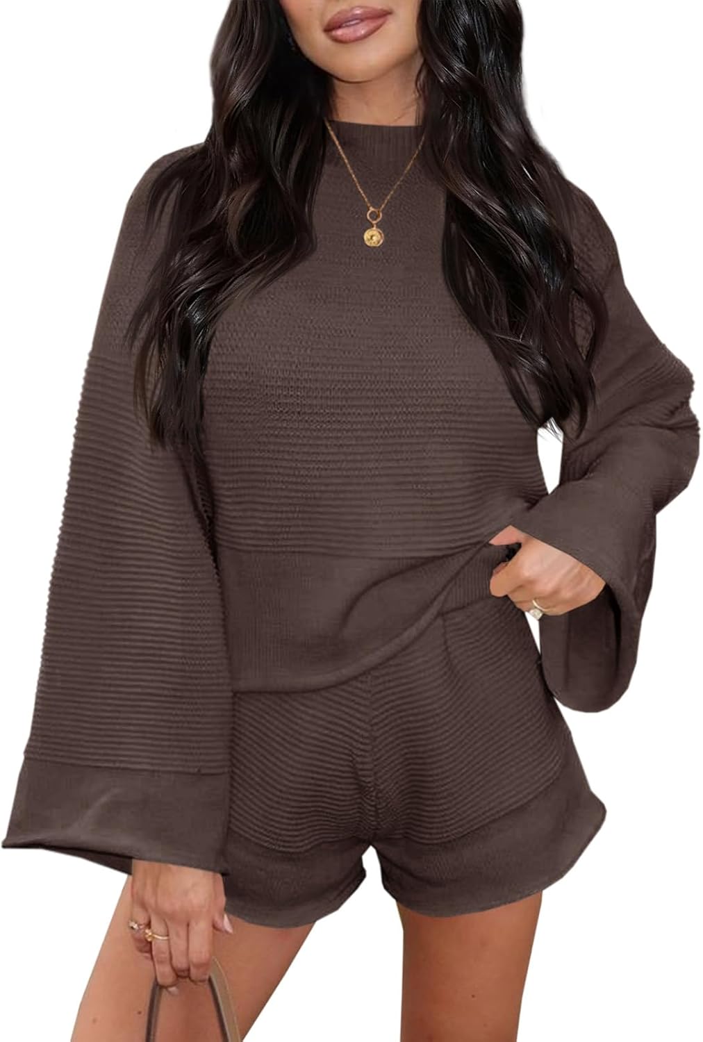 Tankaneo Womens 2 Piece Short Sets Bell Sleeve Mock Neck Oversized Sweater and Shorts Fall Sweater Sets Lounge Matching Set