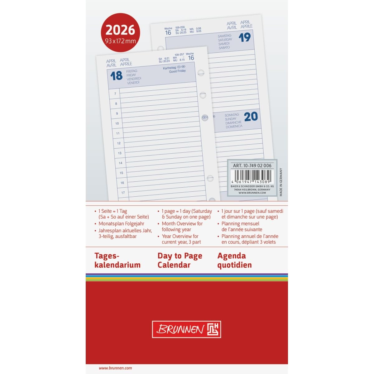 Tageskalendarium 1 Tag/Seite, Sa. + So. auf einer Seite 9,3x17,2 cm 2026 Packung mit 3 Stück