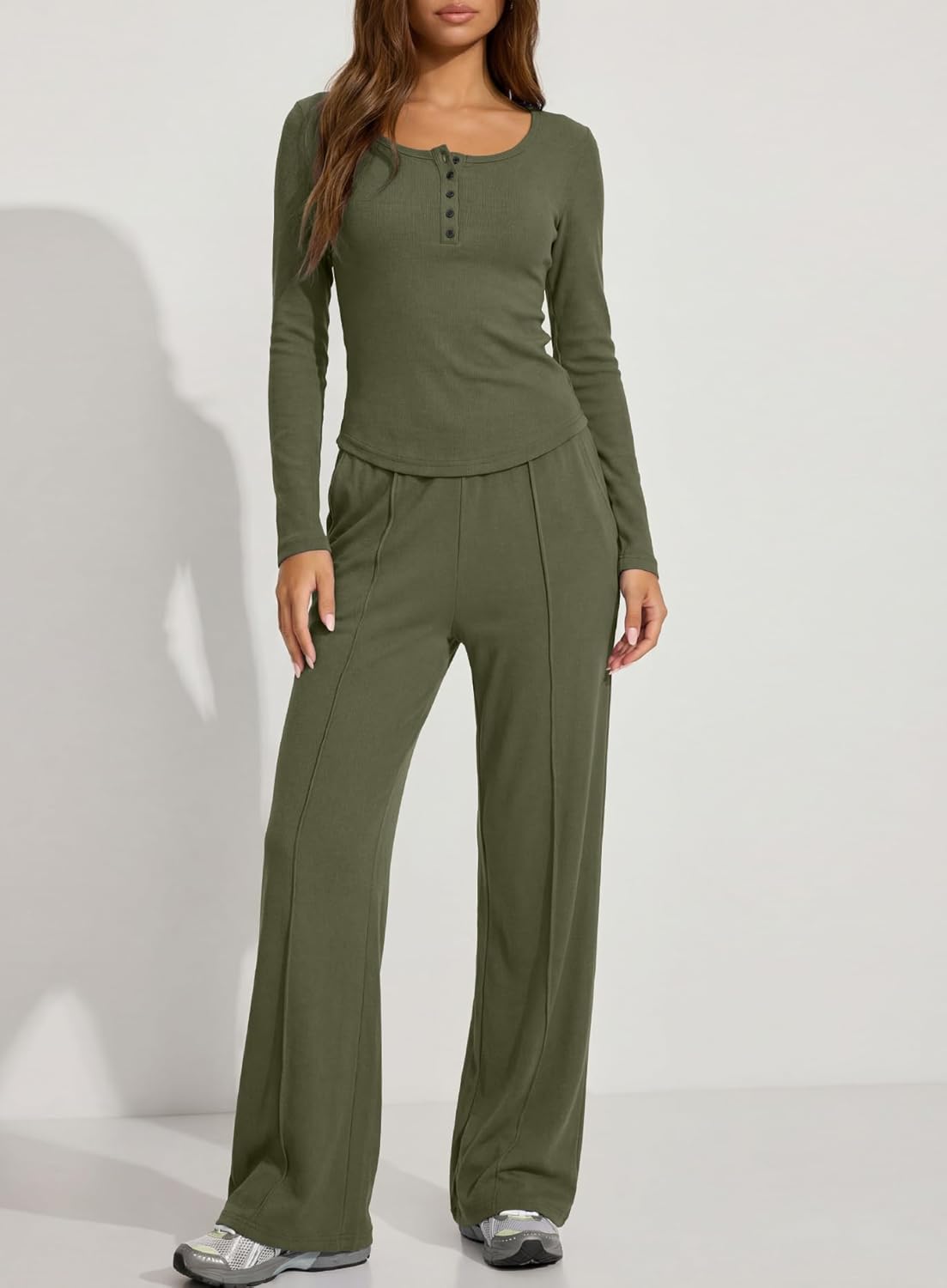 Darong Womens 2 Piece Matching Lounge Sets 2026 Long Sleeve Henley Shirts Wide Leg Pants Airport Travel Outfits - Image 3