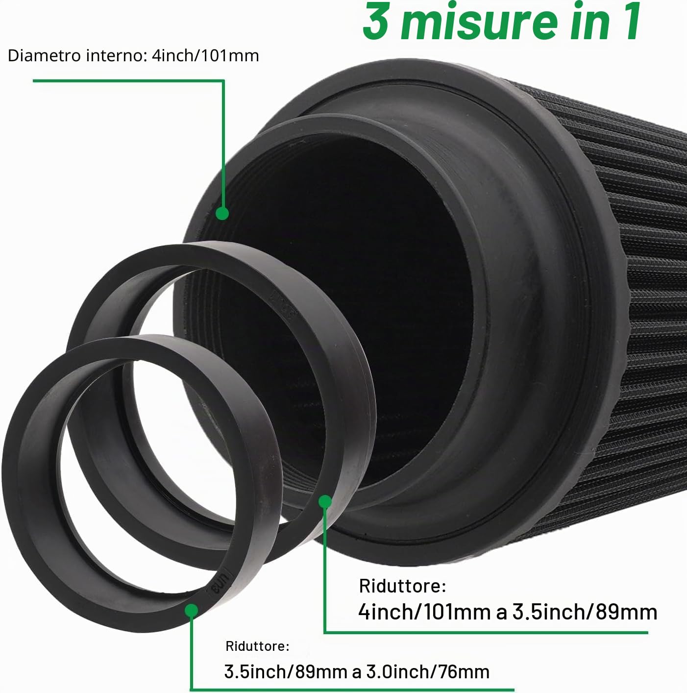 Filtro aria conico universale 76 mm, 89 mm, 101 mm, ad alte prestazioni, ingresso aria, cono rotondo, filtro aria detergente per auto da corsa, sport, 3 misure in 1 (nero-grigio)