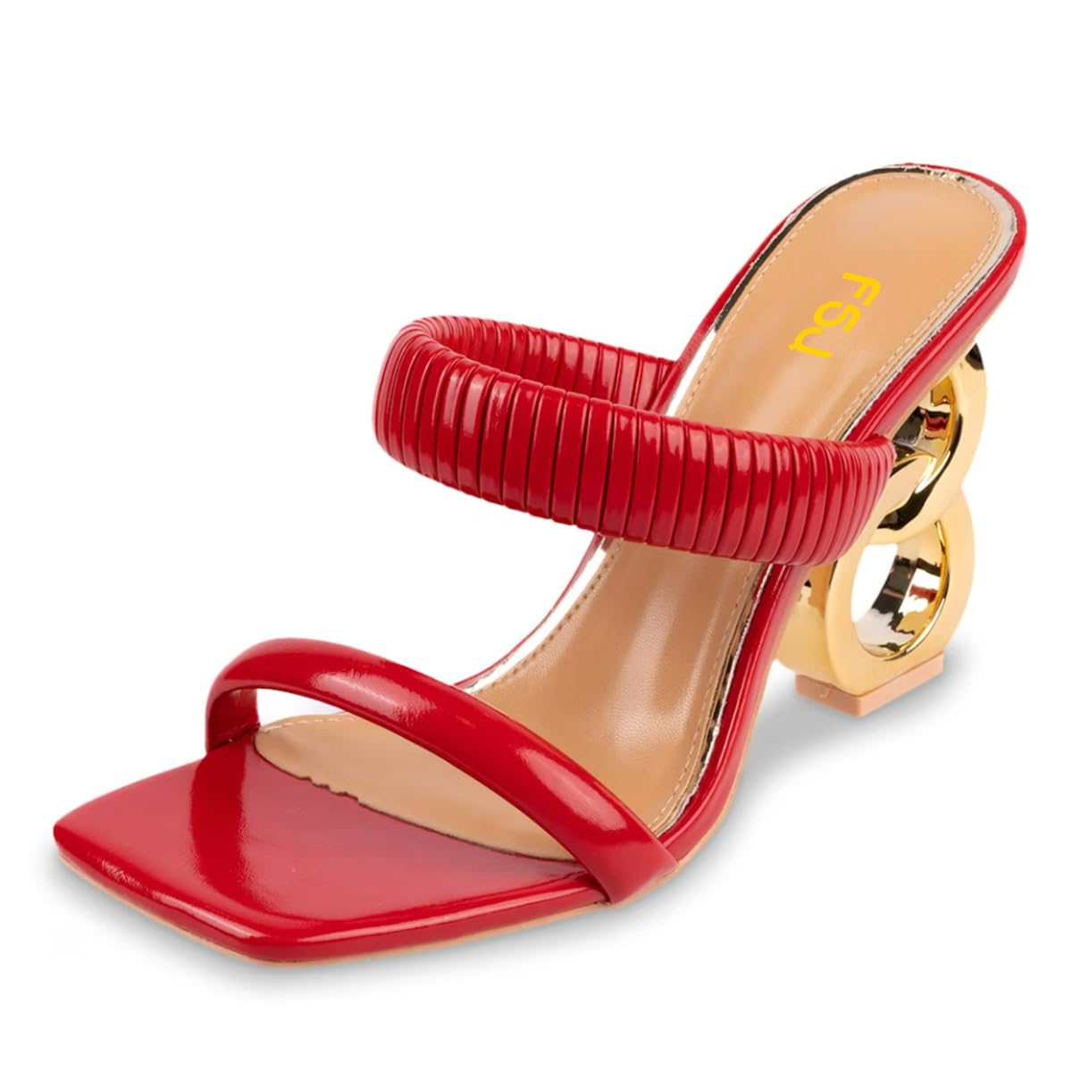 FSJ Women Square Open Toe Two Strap Heeled Sandal Chain Detail High Heel Slip On Mules Backless Slides Ladies Date Shoes Size 4-16 US