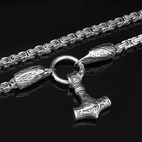 Miniatura 5 de Thor's Hammer - Collar de cadena con colgante de martillo doble y cabeza de cuervo para hombre, hecho a mano, amuleto de Mjolnir, de acero
