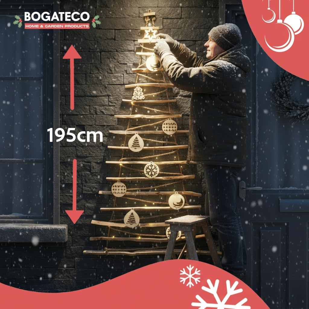 BOGATECO Albero di Natale fatto a mano, con decorazioni, 195 cm, con LED da 230 V, in legno di nocciola, ciondolo decorativo, pannelli di legno collegati a una corda di iuta con uno spessore di 6 mm