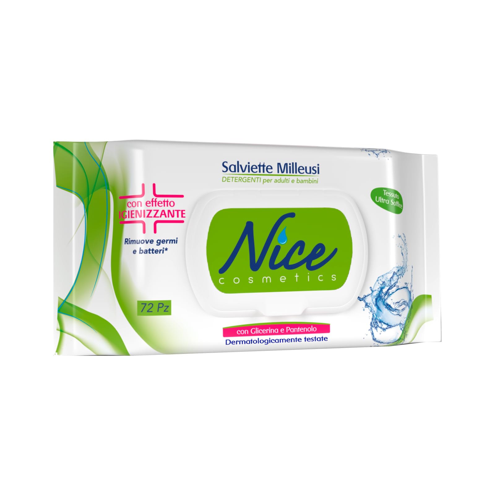 Nice - Toallitas desinfectantes milleusas, frescas e hidratantes para la piel con glicerina y pantenol, paquete de 72 toallitas húmedas